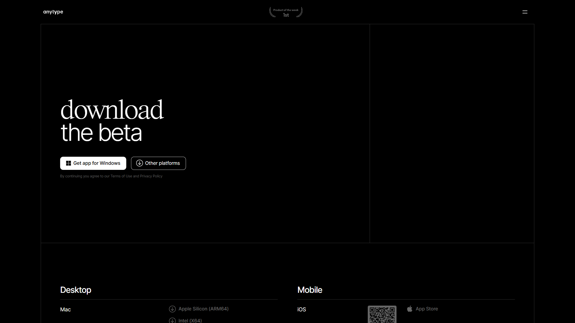 Anytype download page with beta label, Windows and multi-platform buttons, and Mac, iOS, Android links
