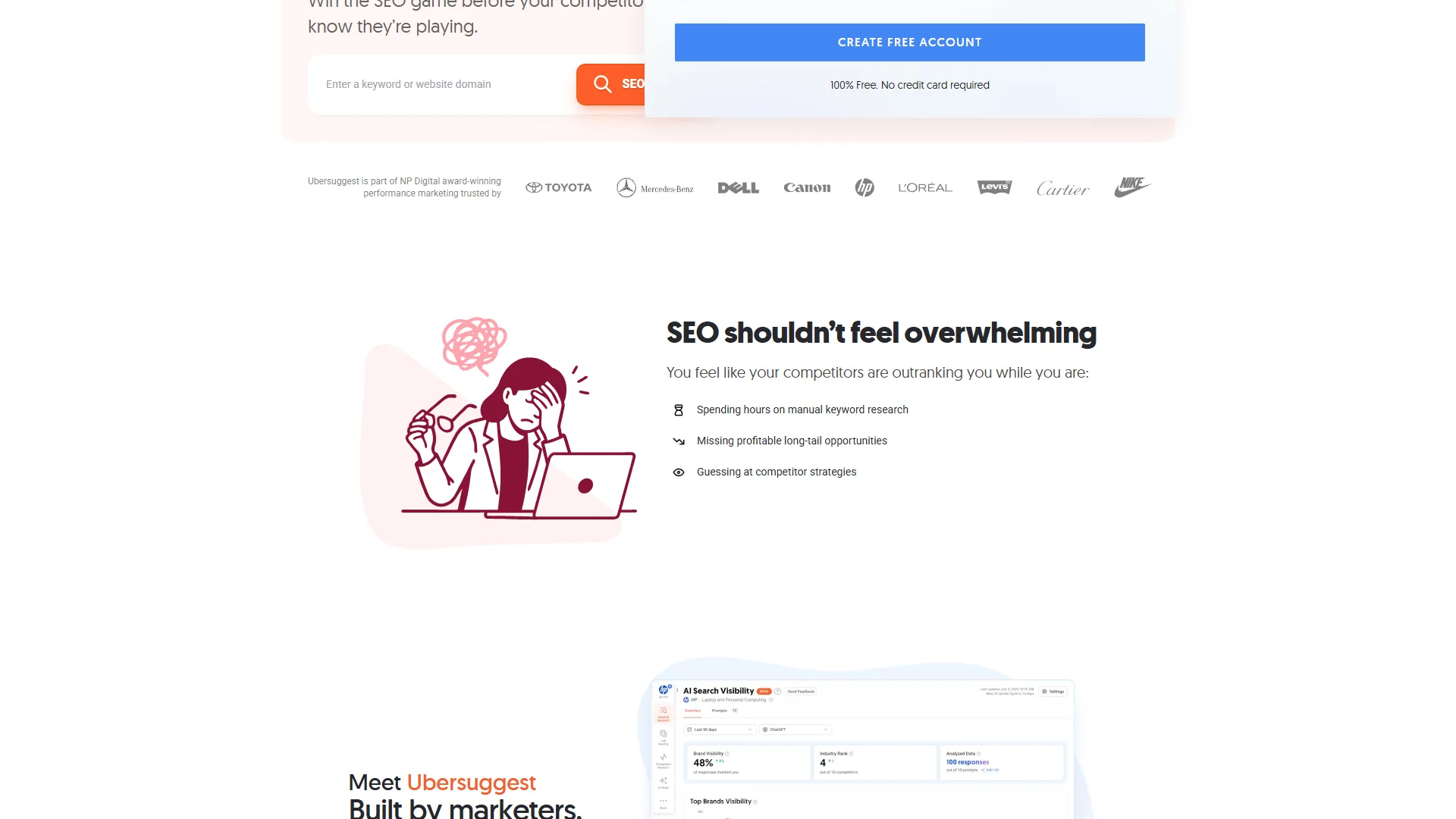 Ubersuggest marketing page with search bar, brand logos, and SEO pain points illustration