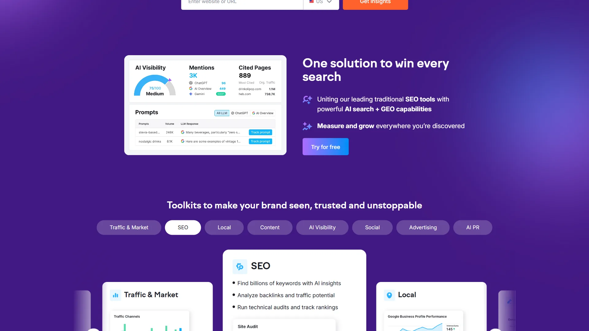 Semrush mid-page section with AI Visibility widget, toolkit category cards, and Try for free button