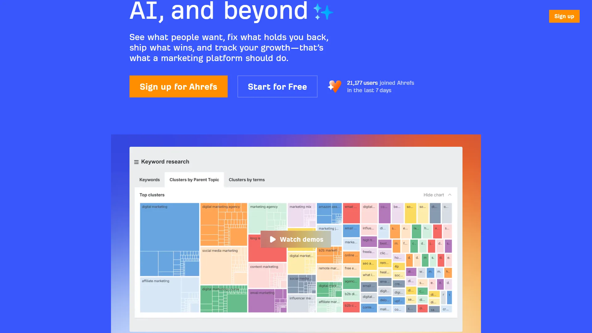 Ahrefs homepage hero with colorful keyword cluster treemap, sign-up buttons, and user count badge