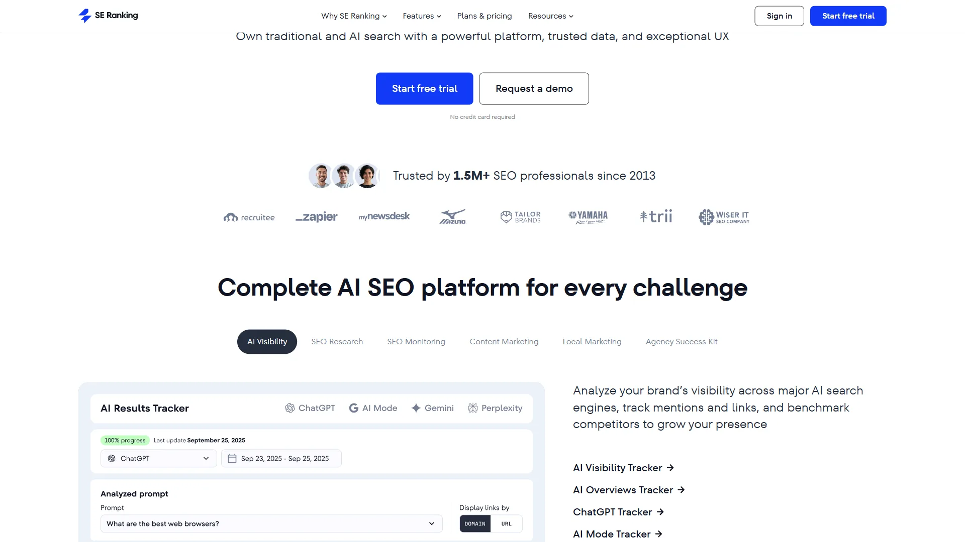 SE Ranking homepage with AI Results Tracker, ChatGPT and Perplexity monitoring, and trust badges