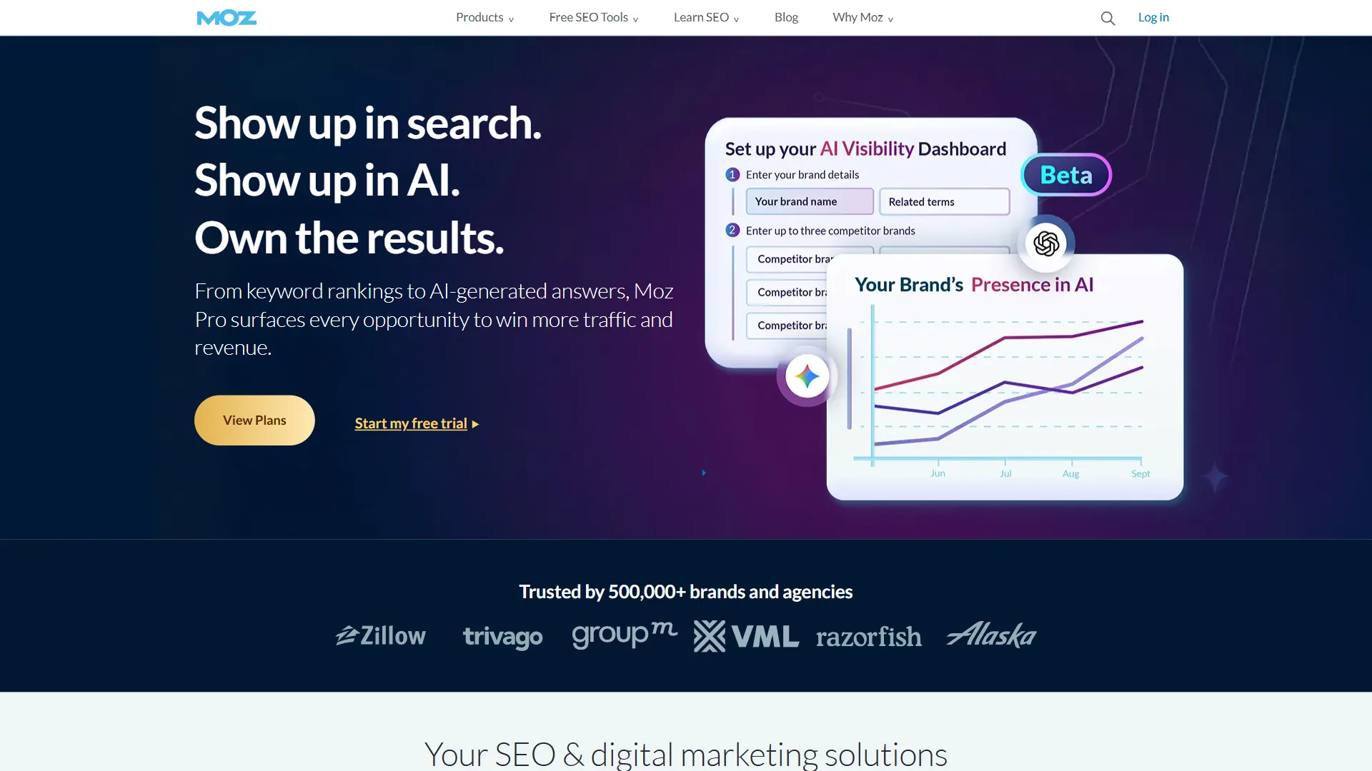 Moz Pro SEO platform homepage showing Domain Authority tools and site intelligence features