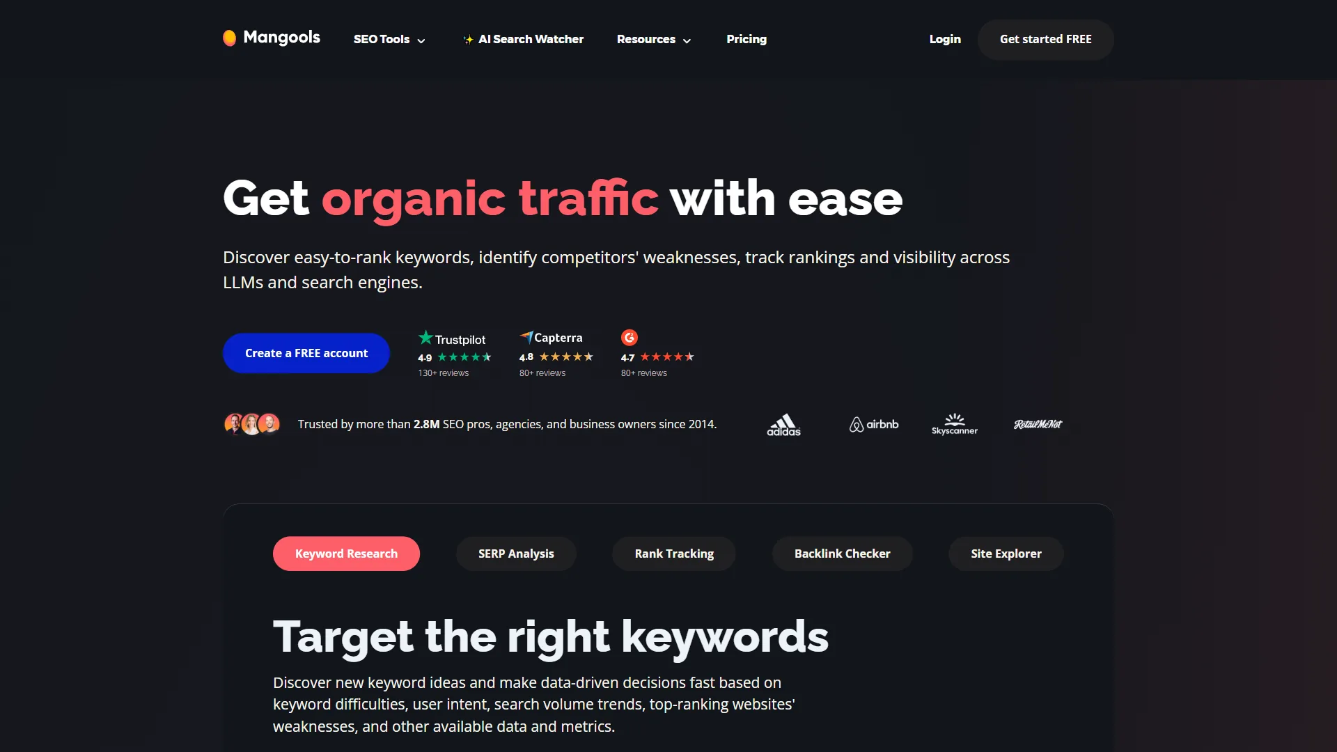 Mangools homepage showing KWFinder keyword research and SEO toolkit