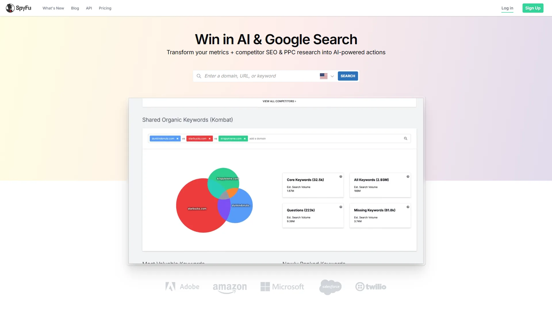 SpyFu homepage with Kombat Venn diagram comparing competitor keywords and search volume metrics