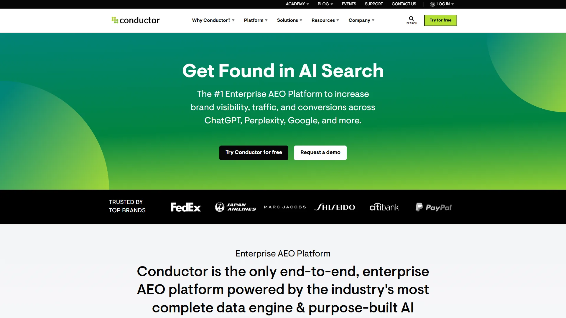 Conductor homepage showing enterprise content intelligence and SEO platform