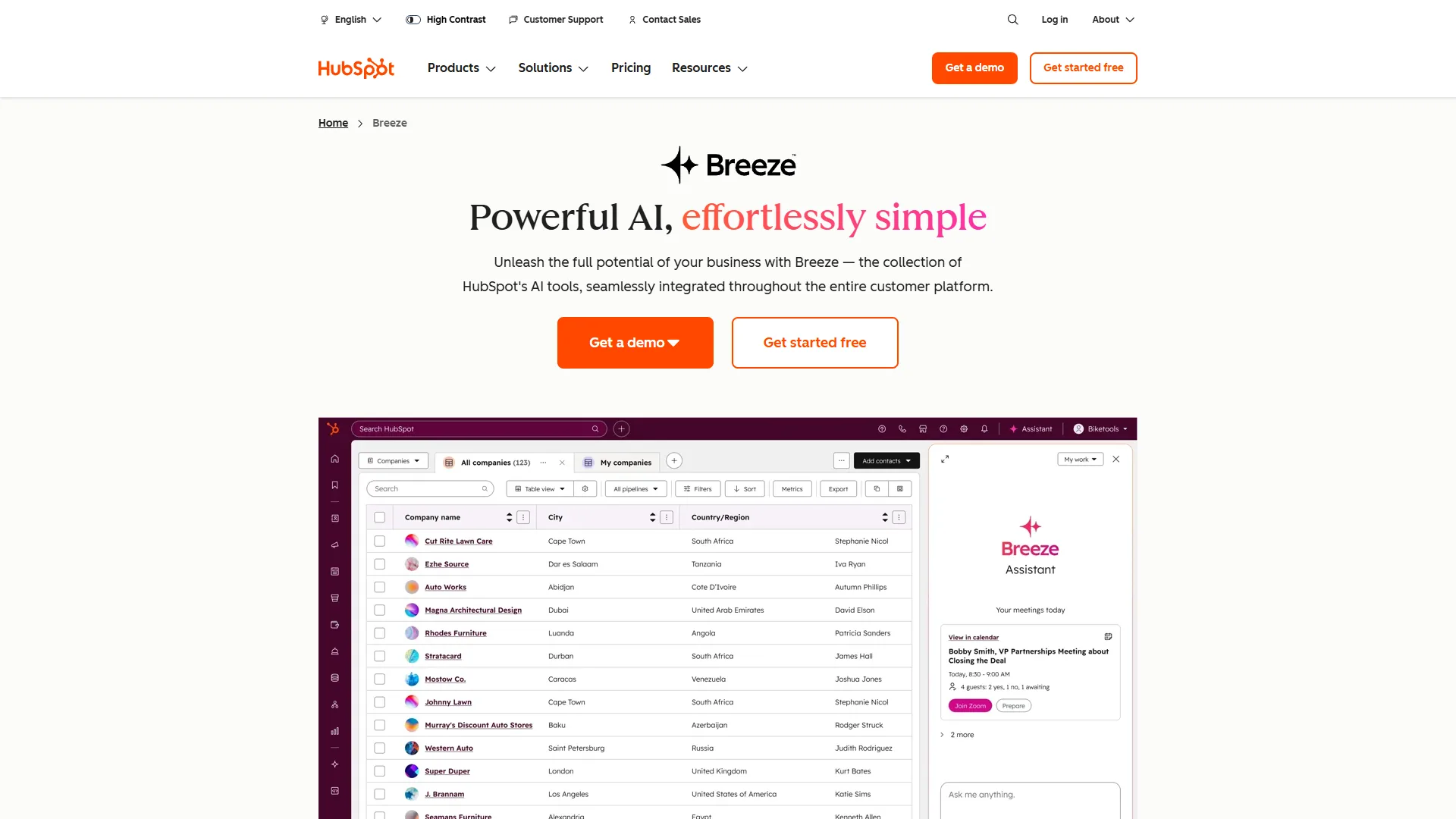 HubSpot CRM platform homepage showing Breeze AI Suite features