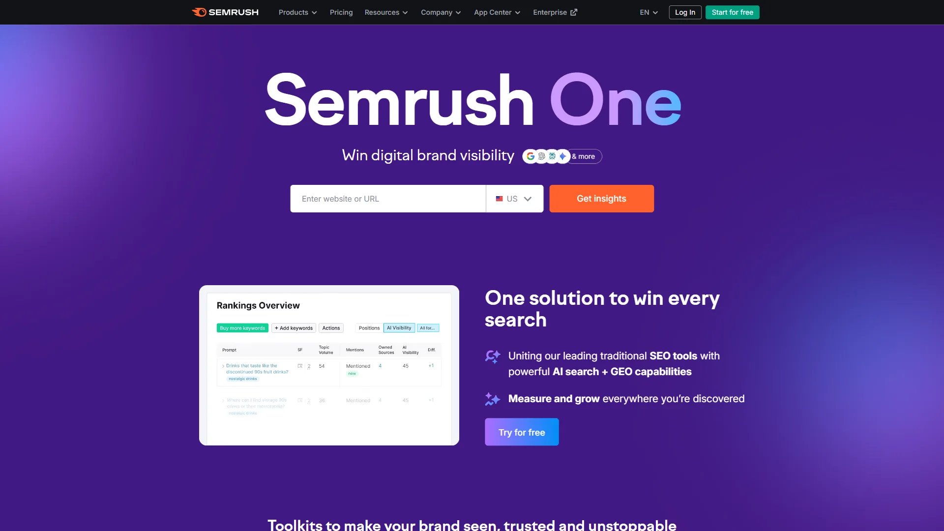 Semrush One homepage hero with Rankings Overview widget, search bar, and SEO plus GEO tagline