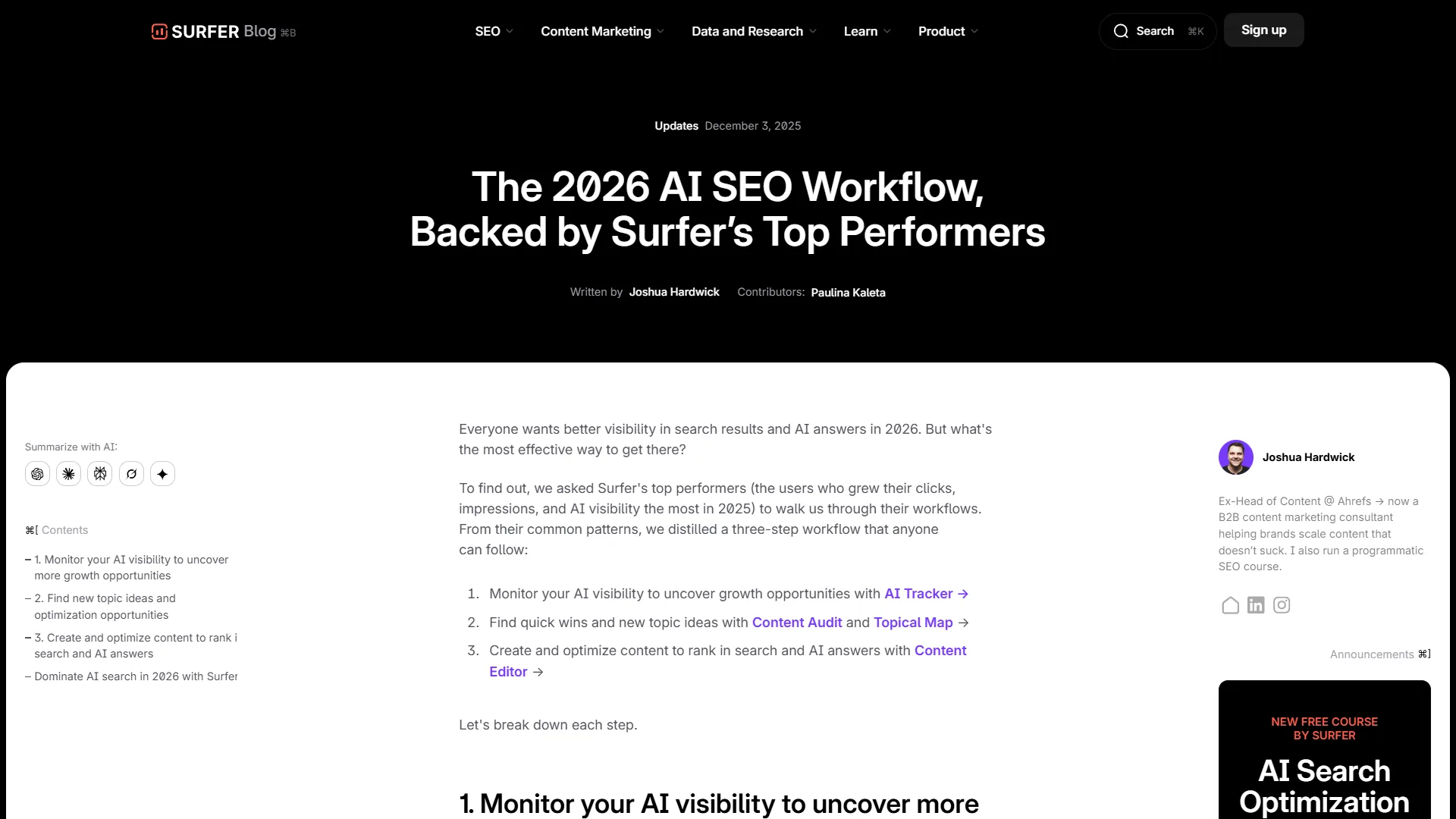 Surfer SEO blog article about the 2026 AI SEO workflow with a three-step content optimization guide