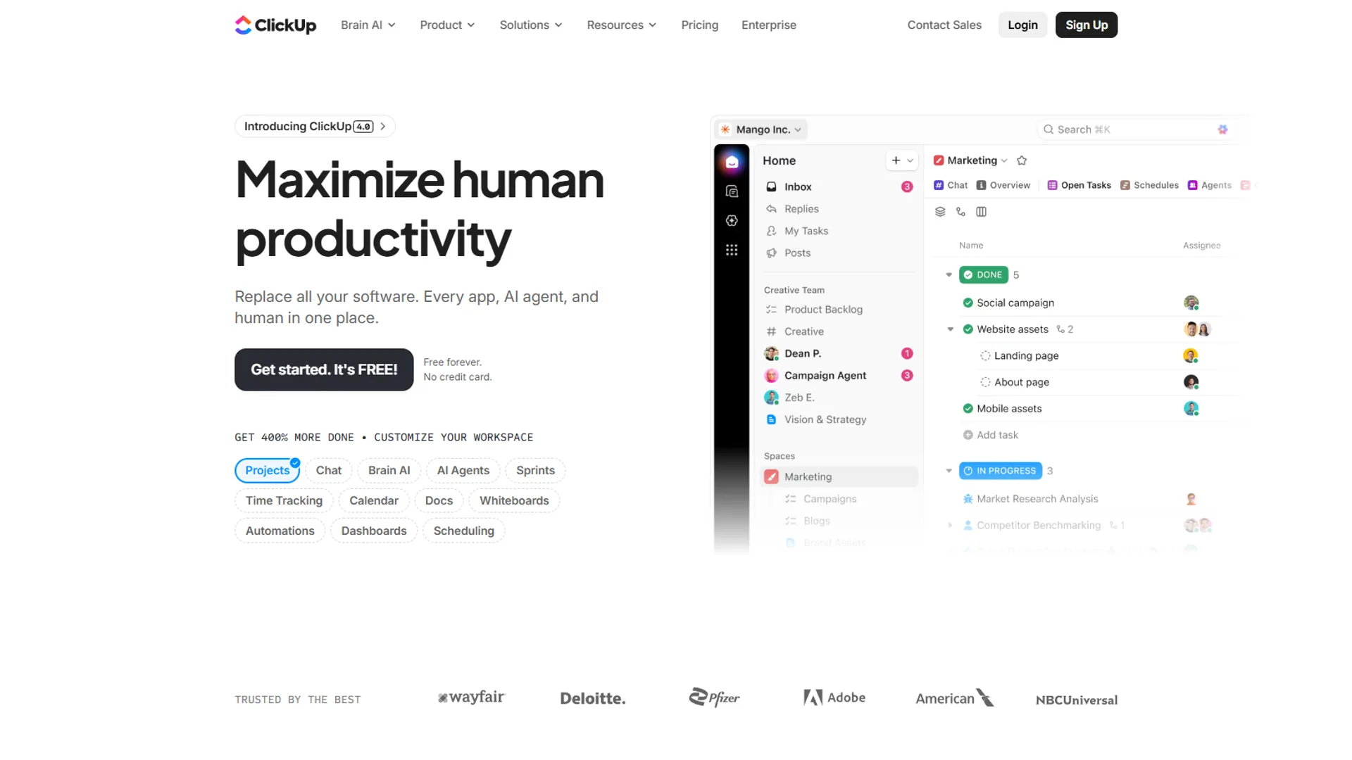 ClickUp all-in-one workspace showing project views and ClickUp Brain AI assistant