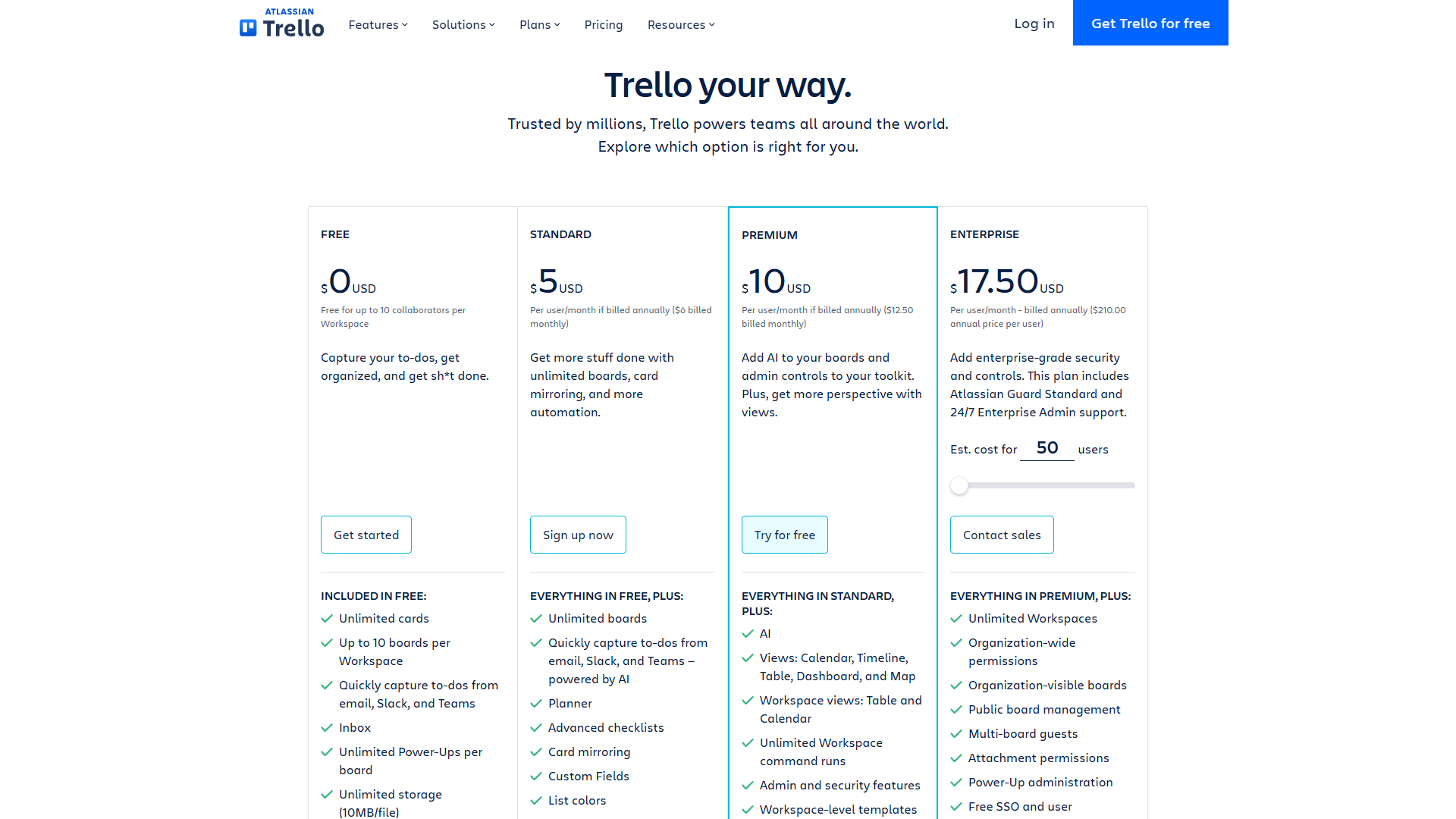 Trello pricing page showing Free, Standard, Premium, and Enterprise plans