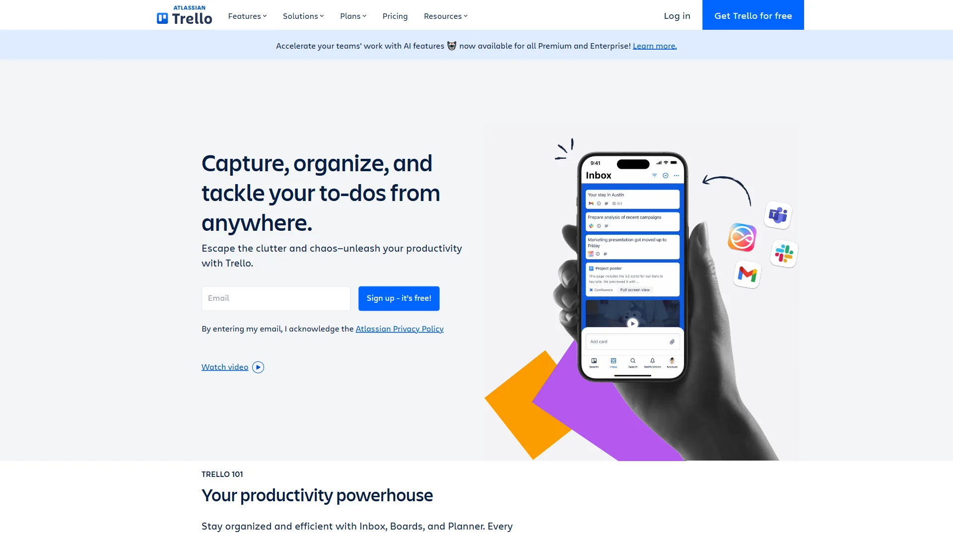 Trello homepage showing kanban board interface and team collaboration