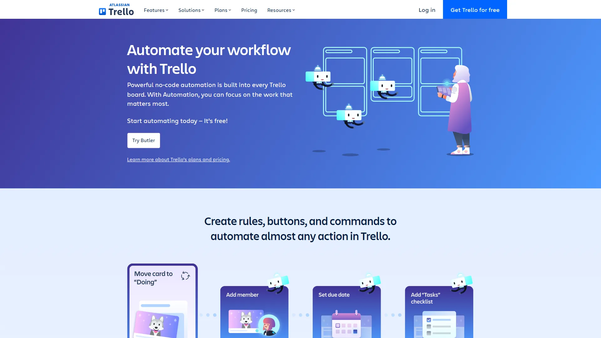Trello Butler automation page showing workflow automation features