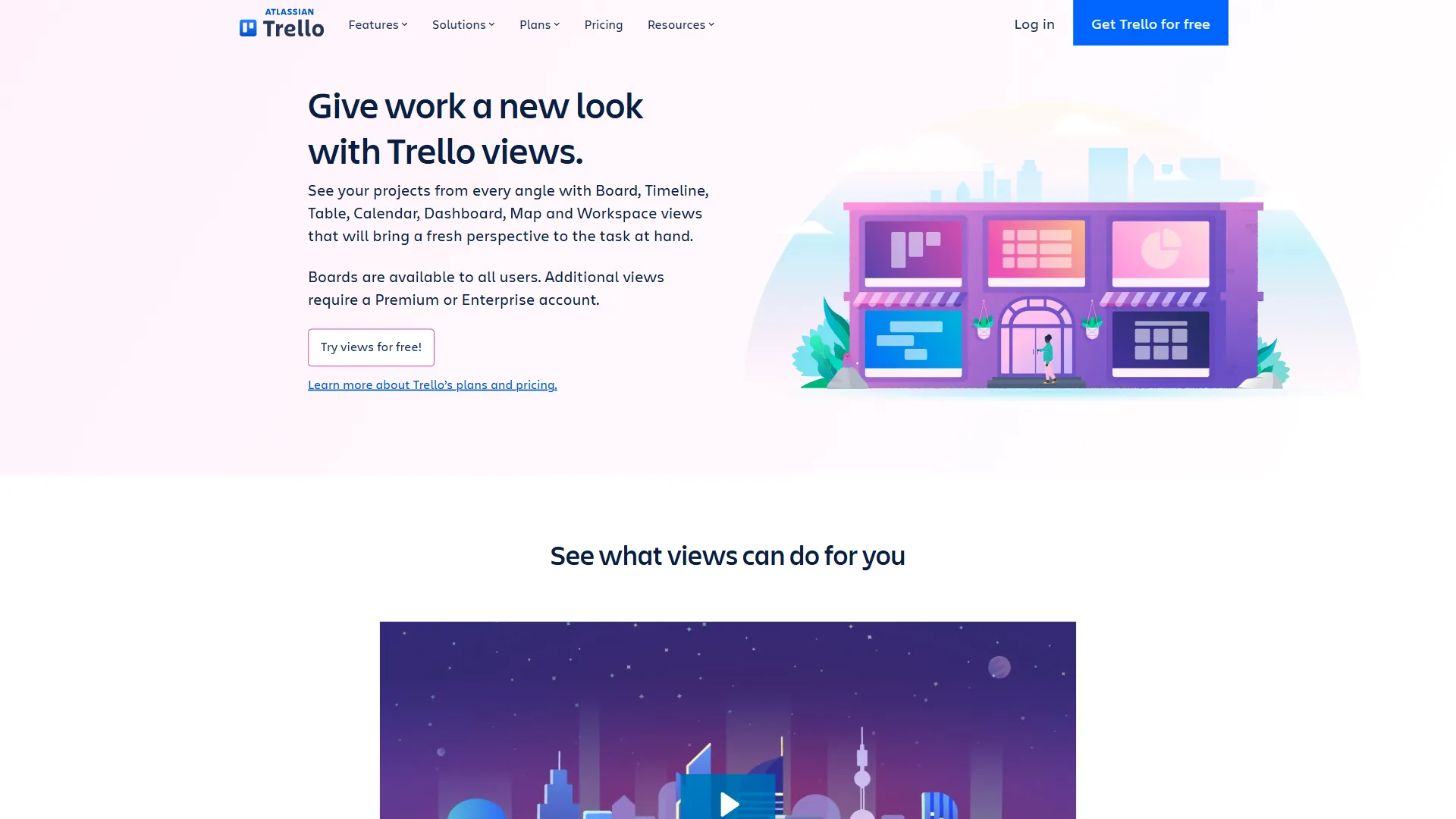 Trello views including Calendar, Timeline, Table, and Dashboard layouts