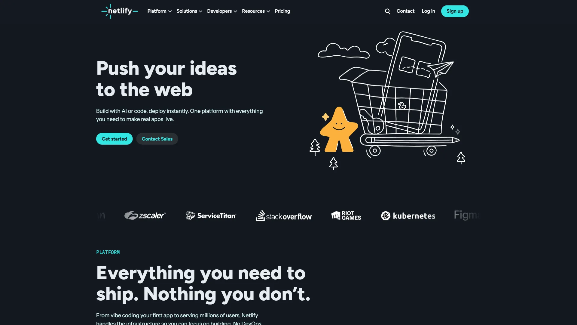 Netlify homepage with hero headline Push your ideas to the web and mascot shopping cart illustration