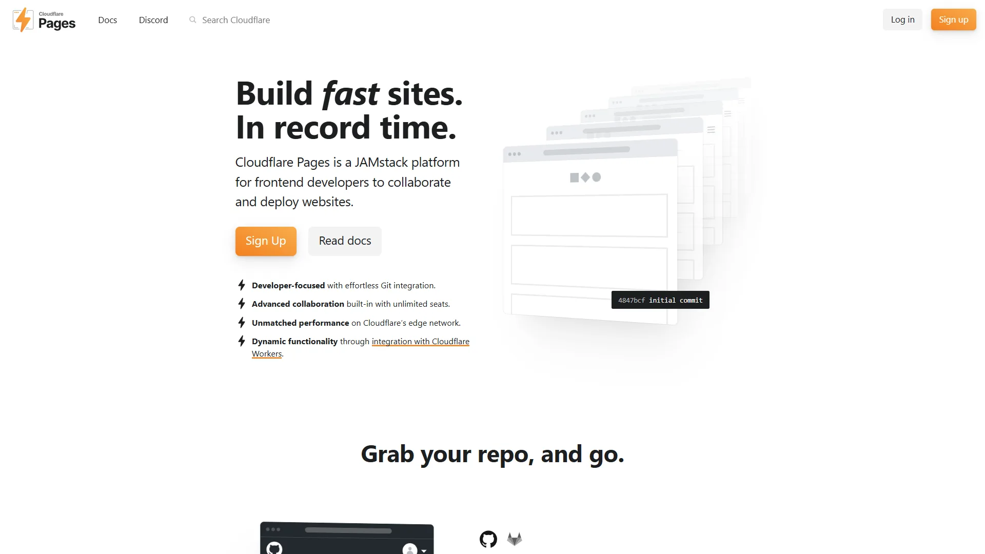 Cloudflare Pages landing page with Build fast sites headline, feature bullets, and deploy preview mockup
