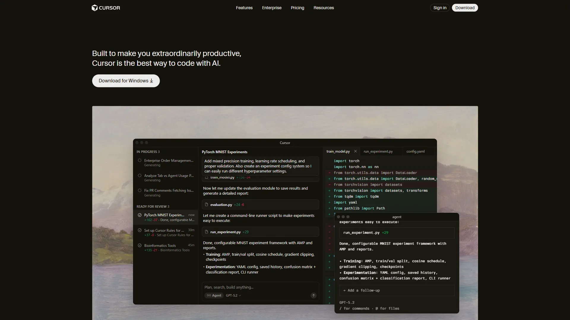 Cursor AI-first IDE interface with code suggestions