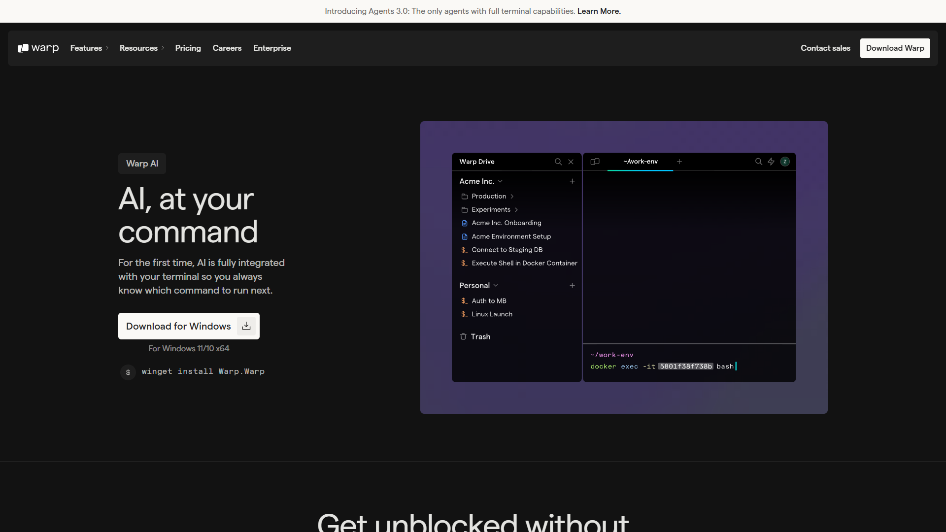 Warp AI assistant generating commands from natural language