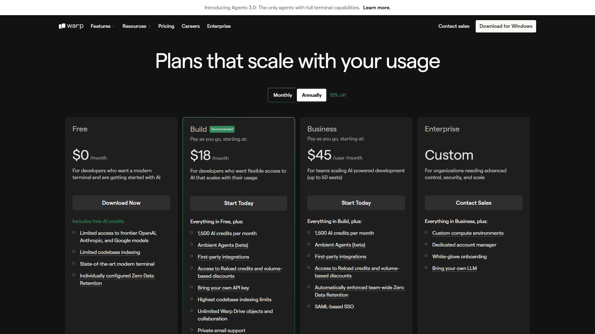 Warp pricing tiers showing Free, Build, Business, and Enterprise plans