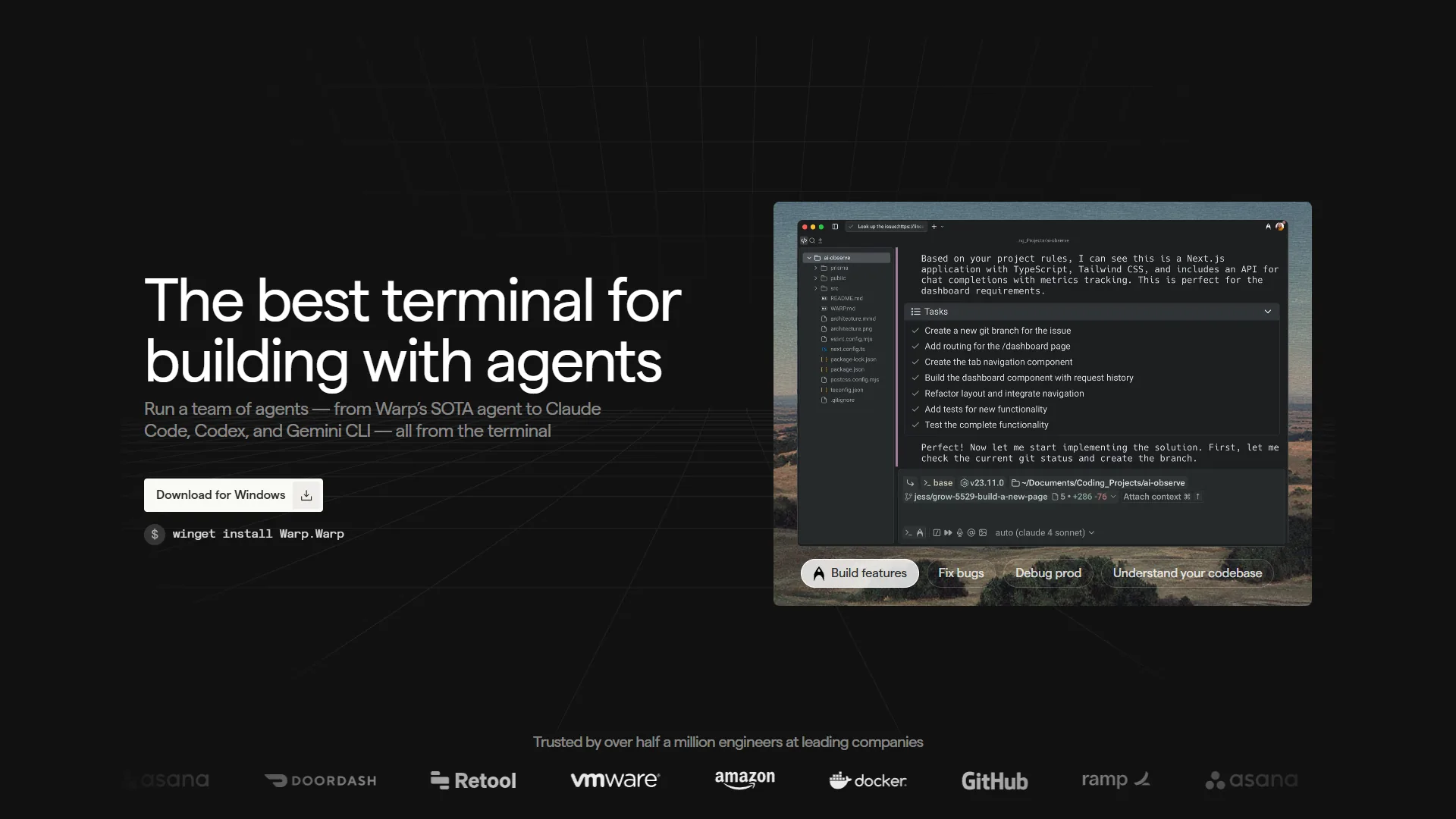 Warp terminal showing the blocks-based output organization, AI command generation panel, and natural language input for shell commands