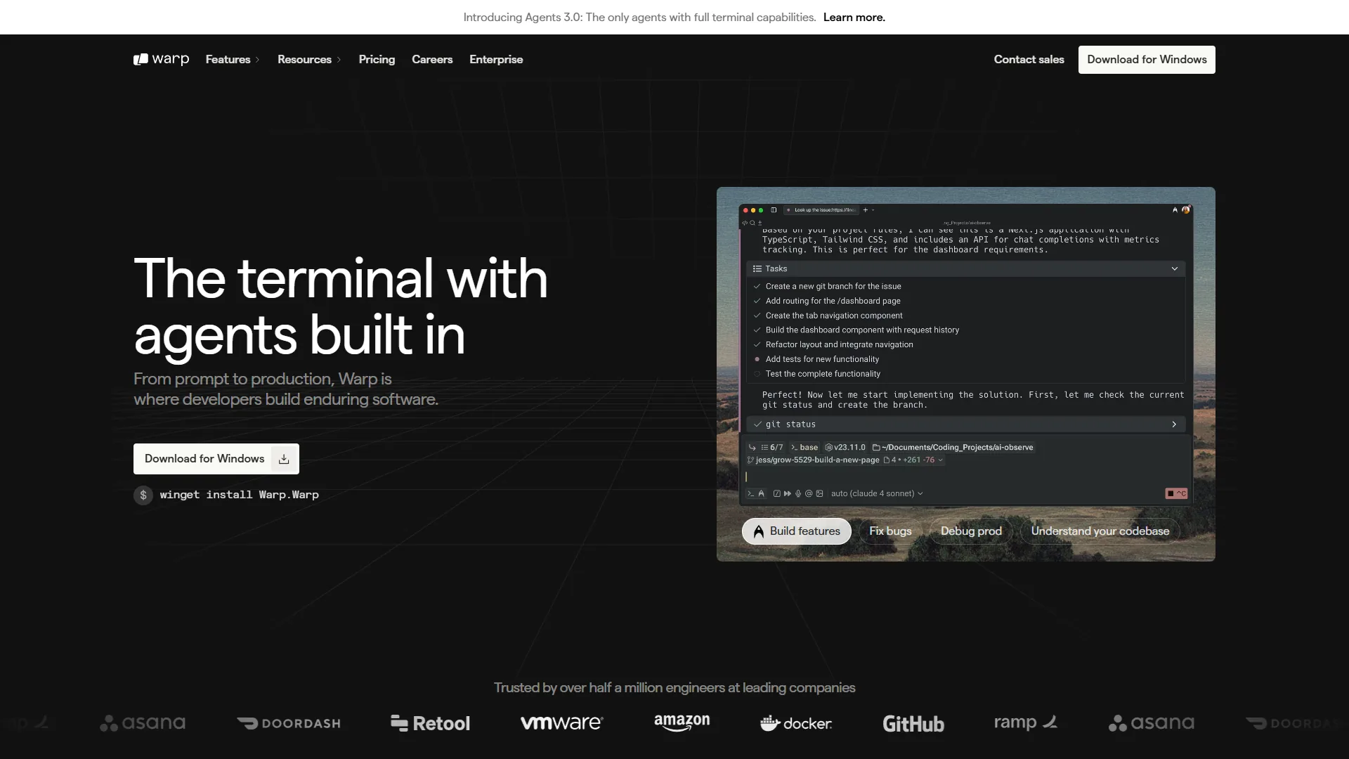 Warp terminal homepage highlighting AI features and blocks-based interface