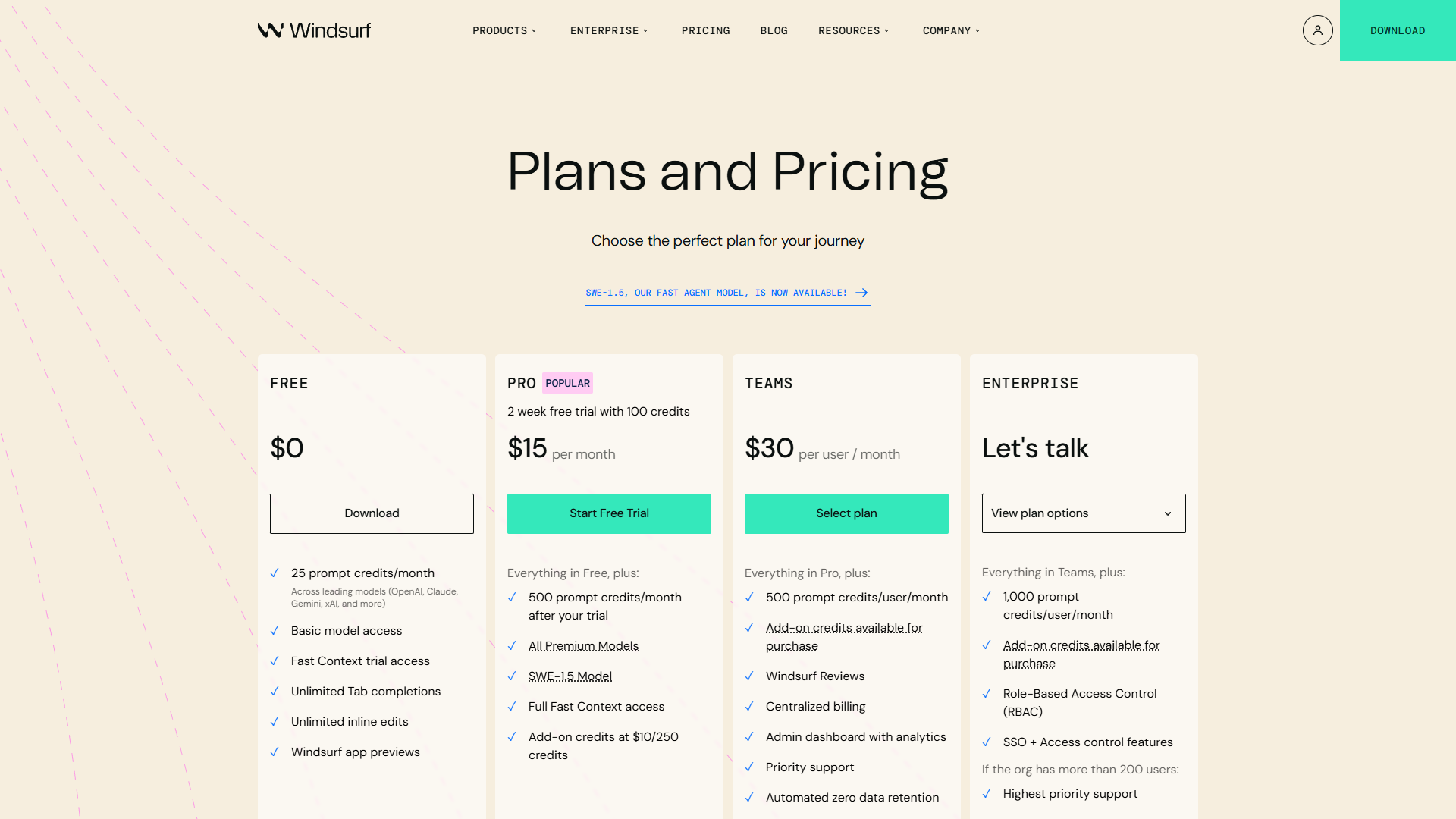 Windsurf pricing showing Free, Pro at $15/month, and Teams at $30/month