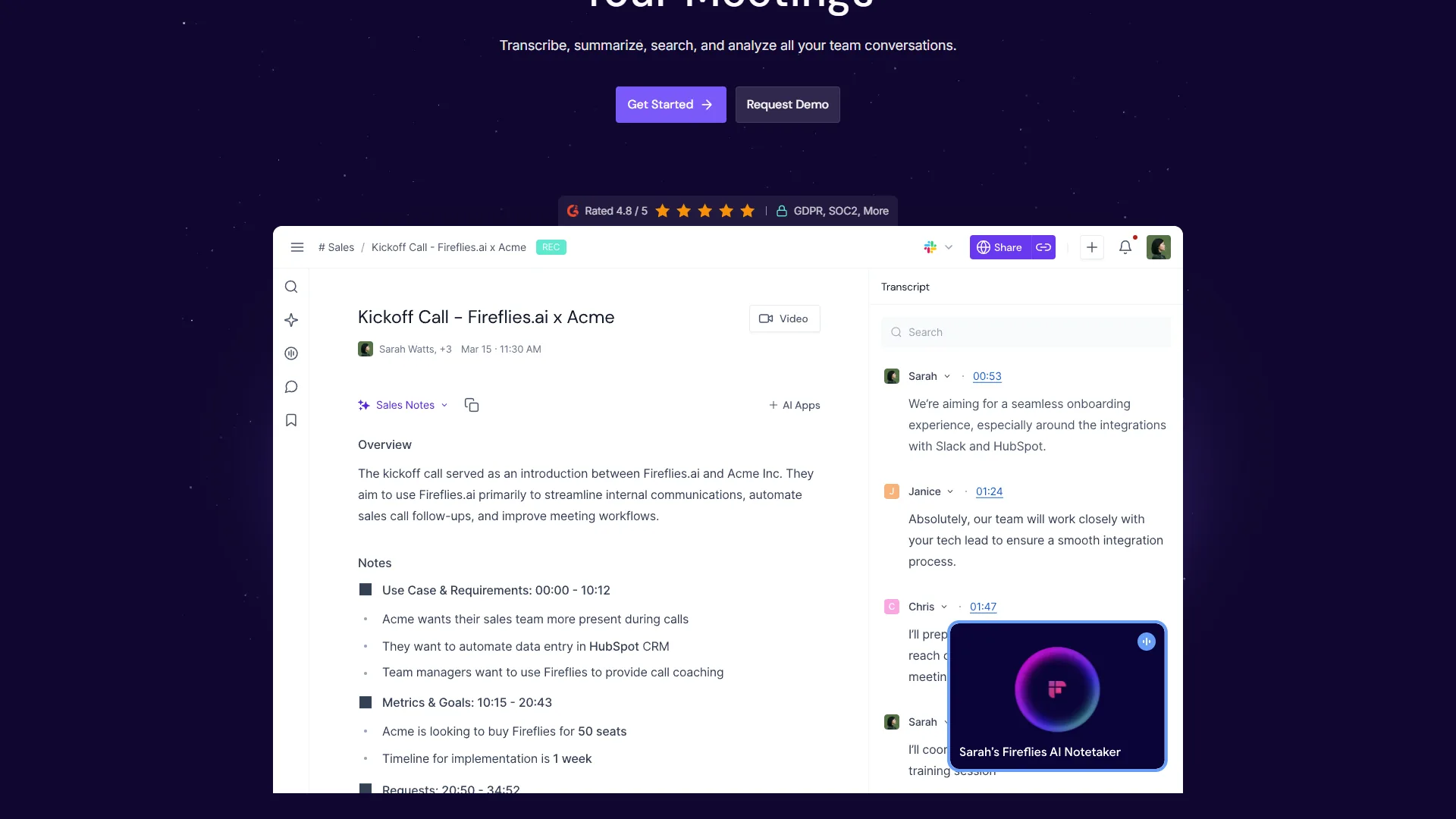 Fireflies.ai homepage showing AI meeting notetaker with conversation intelligence and CRM integration