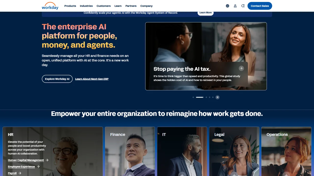 Workday homepage hero promoting its enterprise AI platform for people, money, and agents