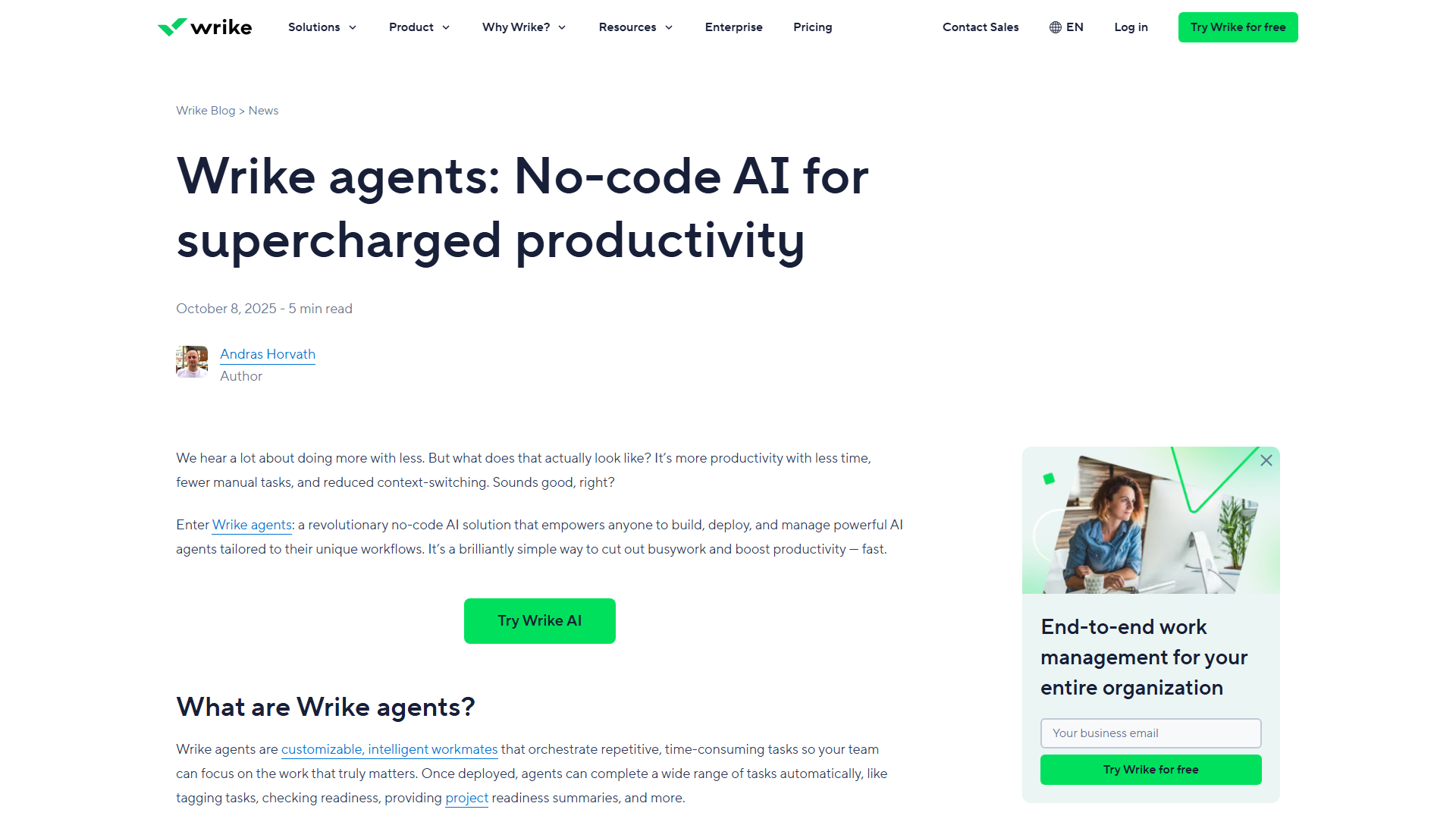 Wrike Agent Builder announcement blog post