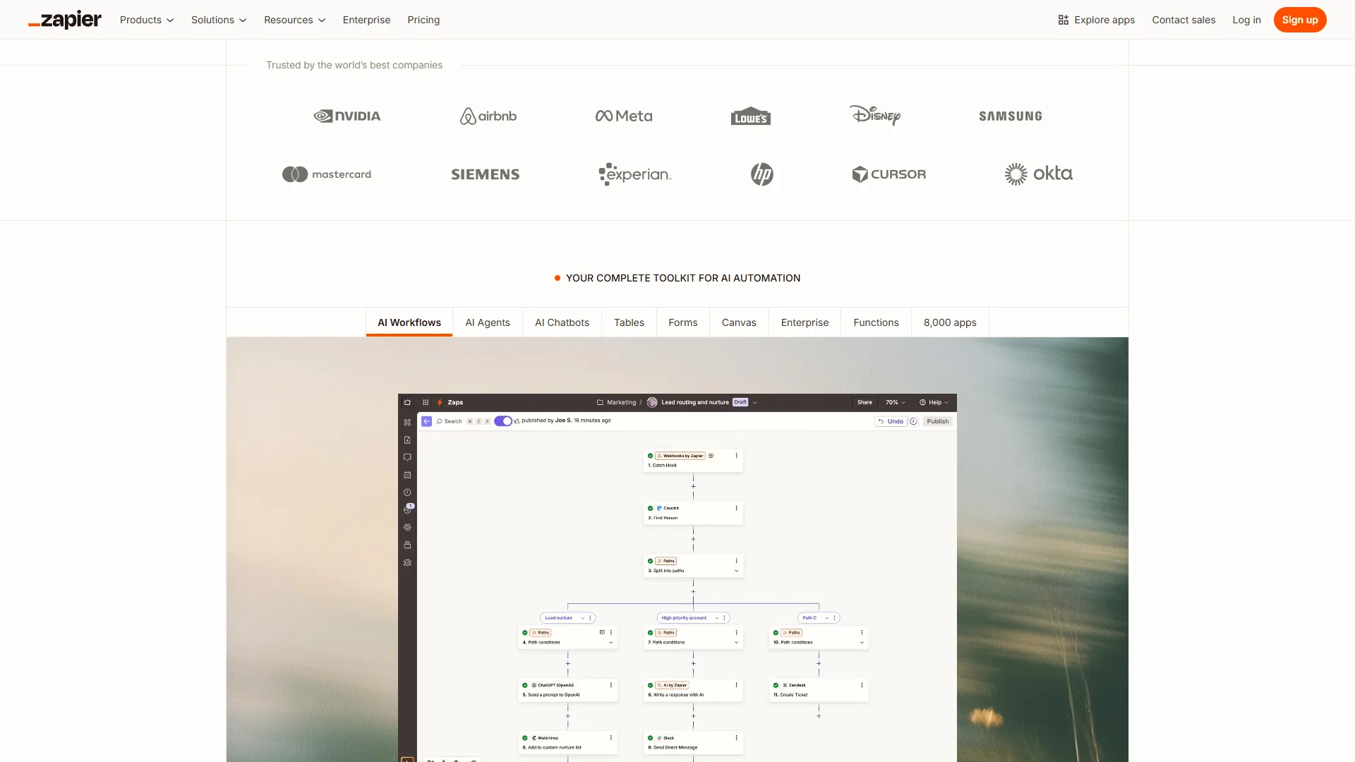 Zapier workflow editor showing a multi-step Zap with trigger and action configuration