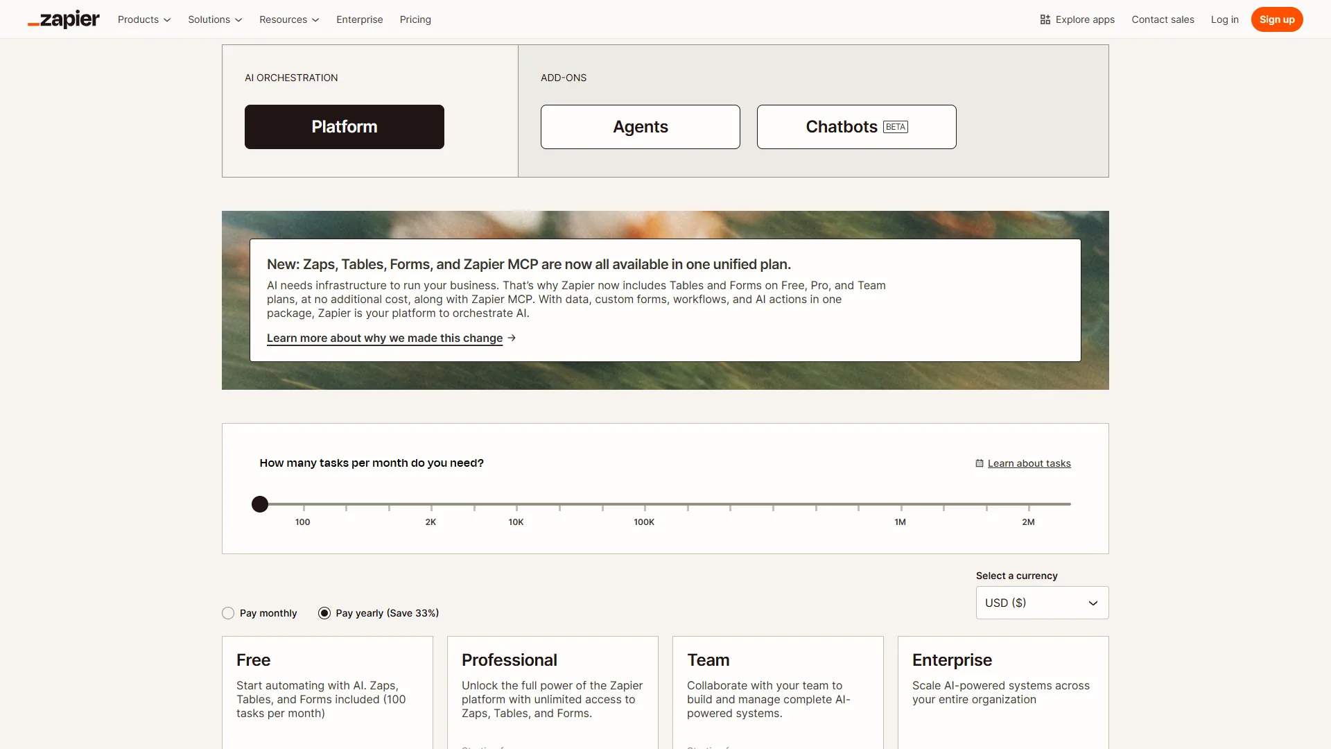 Zapier pricing page showing Professional, Team, and Enterprise tiers