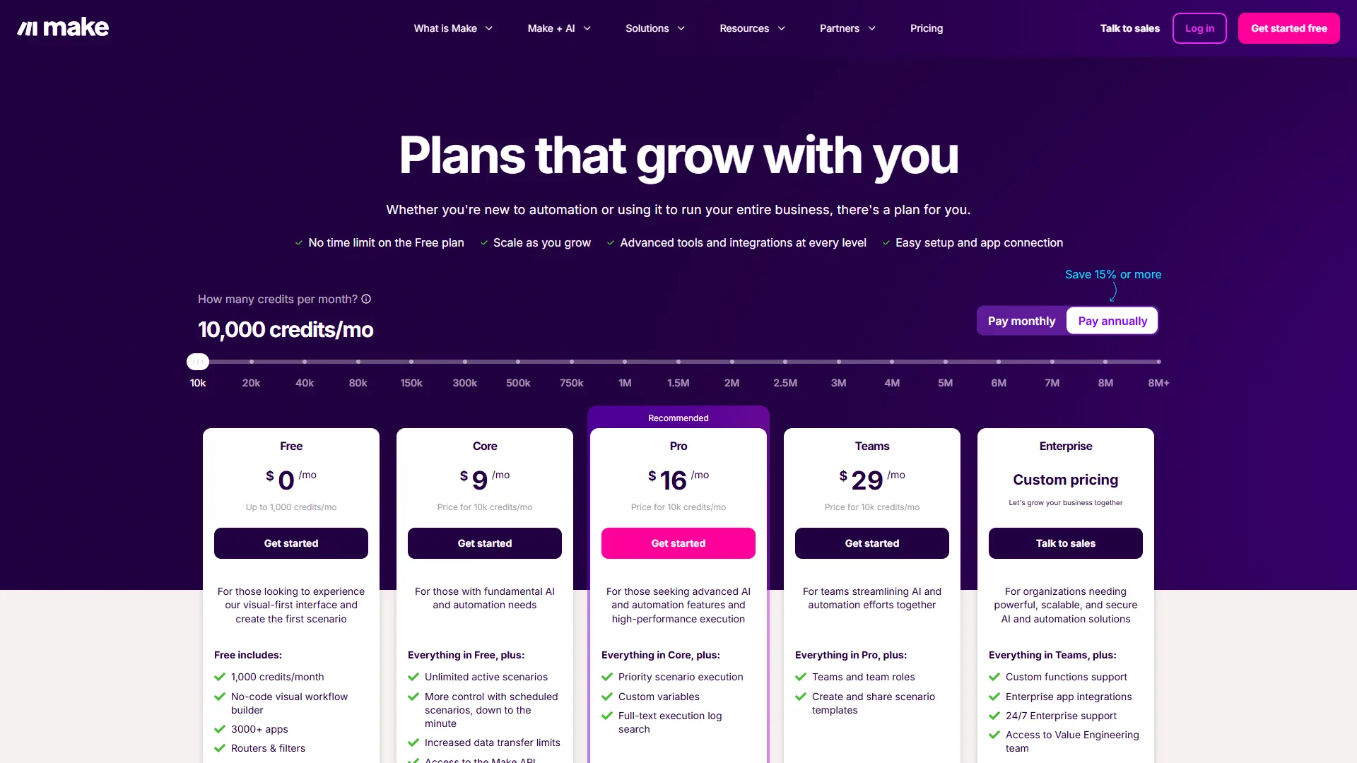 Make pricing page showing Free, Core, Pro, Teams, and Enterprise plans