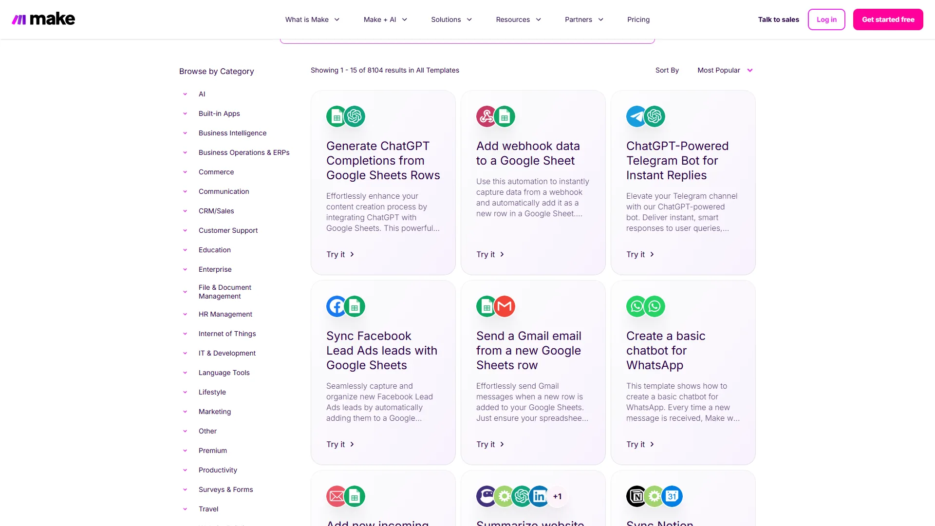 Make templates gallery showing pre-built automation scenarios for common workflows