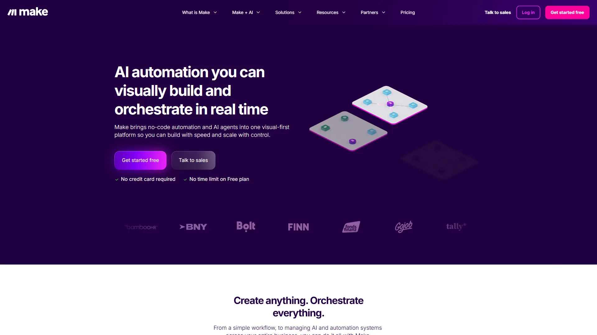 Make homepage showing visual-first AI automation platform for building and orchestrating workflows