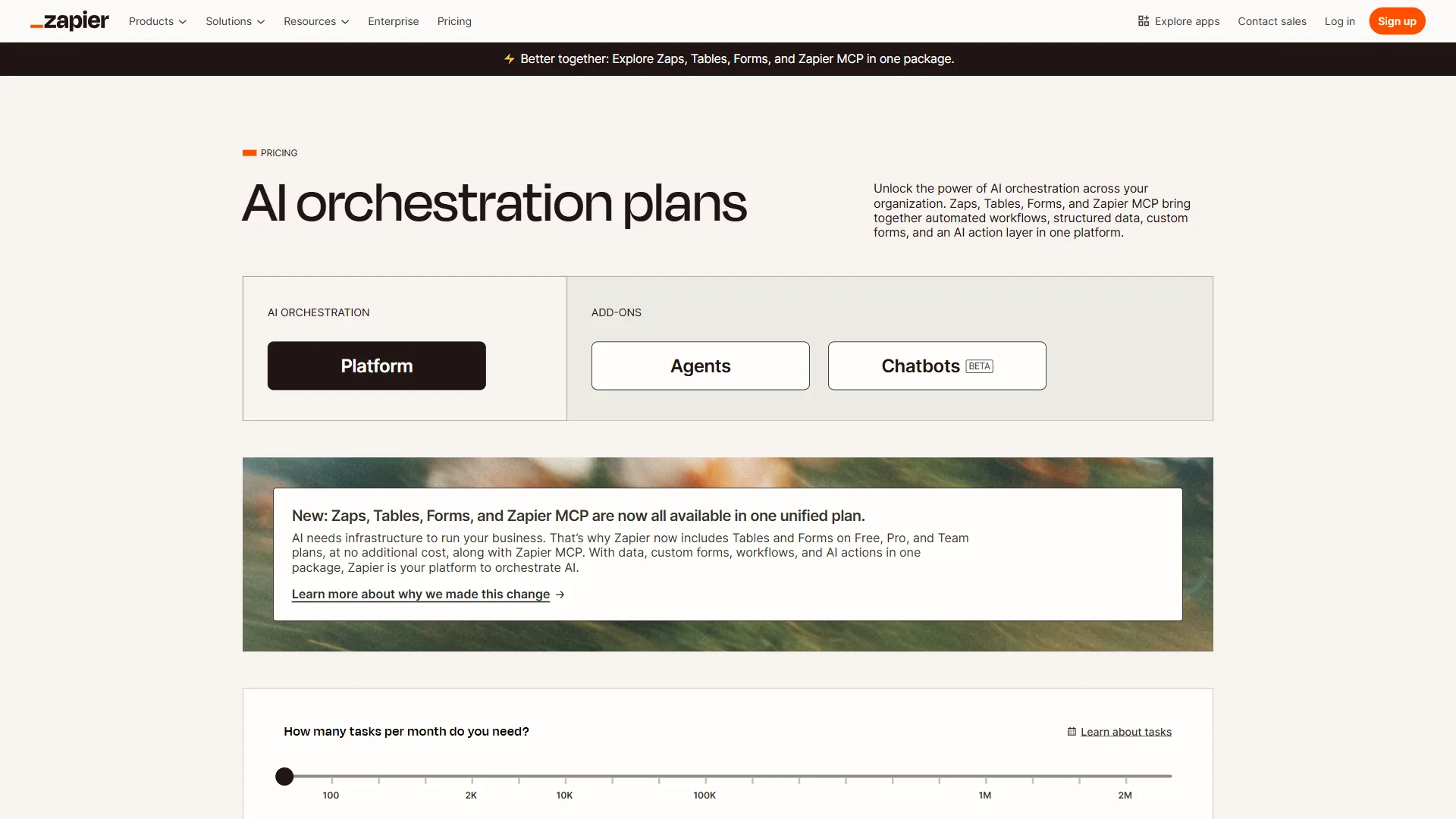 Zapier pricing page showing AI orchestration plans with Platform, Agents, and Chatbots tabs