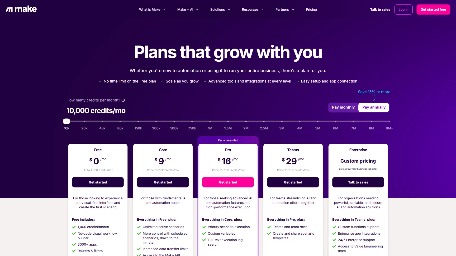 Make pricing page showing Free, Core, Pro, Teams, and Enterprise plans with operation limits