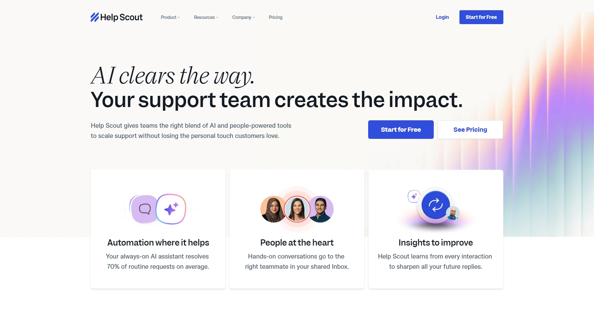 Help Scout homepage with headline AI clears the way and three pillars: automation, people, insights