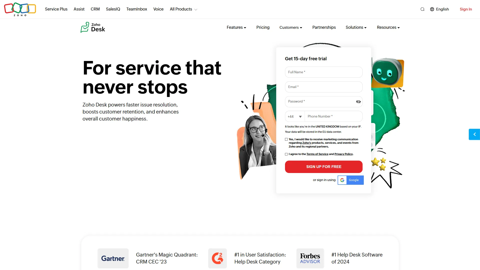 Zoho Desk platform homepage showing customer support ticketing and automation features