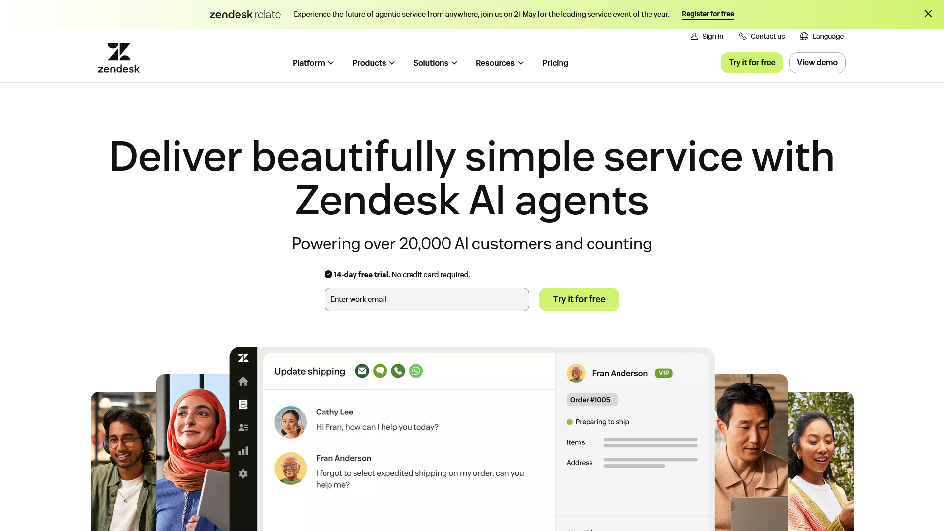 Zendesk homepage showing the Resolution Platform with Agentic AI messaging