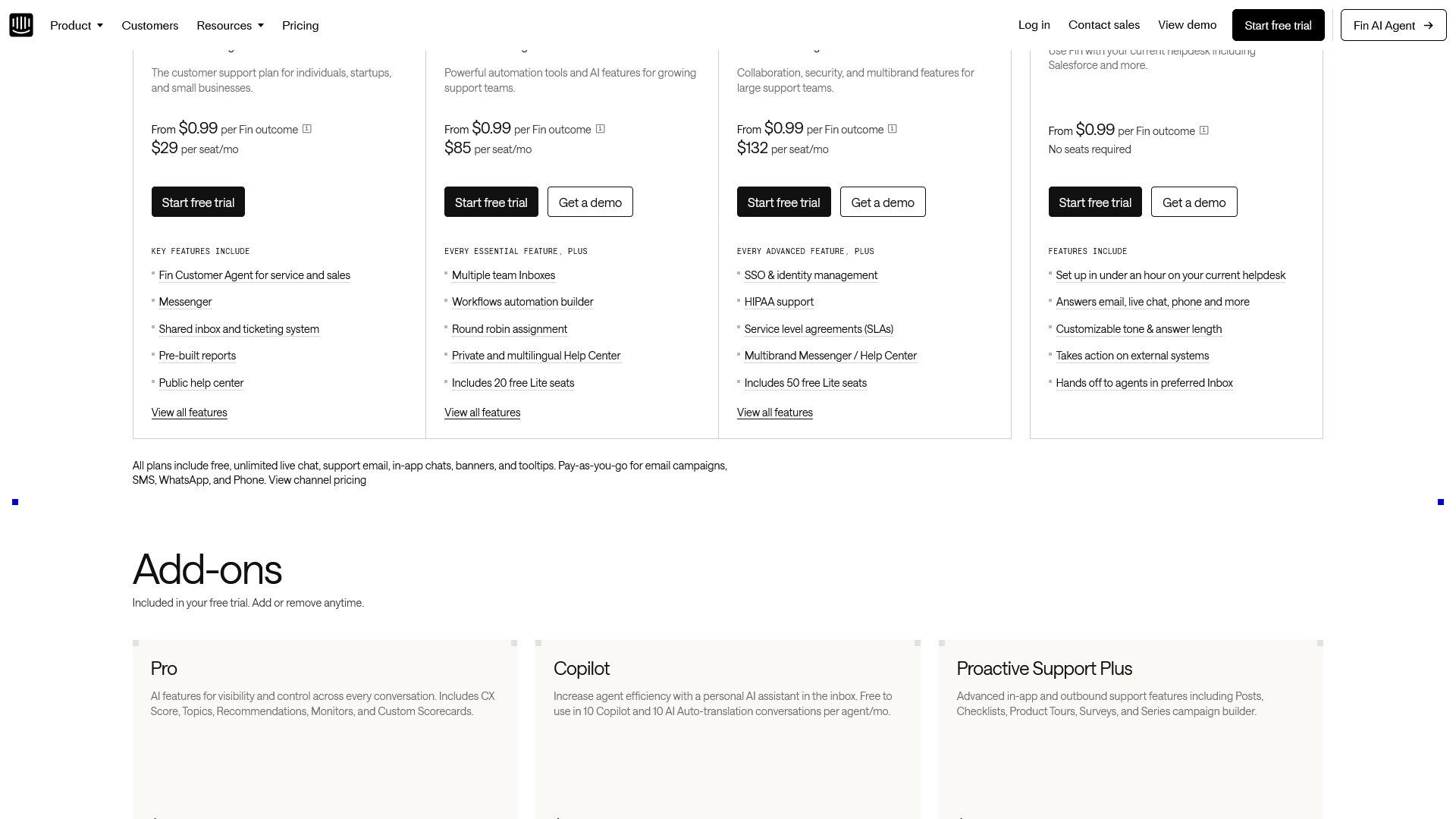 Intercom pricing page showing Essential, Advanced, and Expert seat tiers alongside Fin AI per-resolution pricing