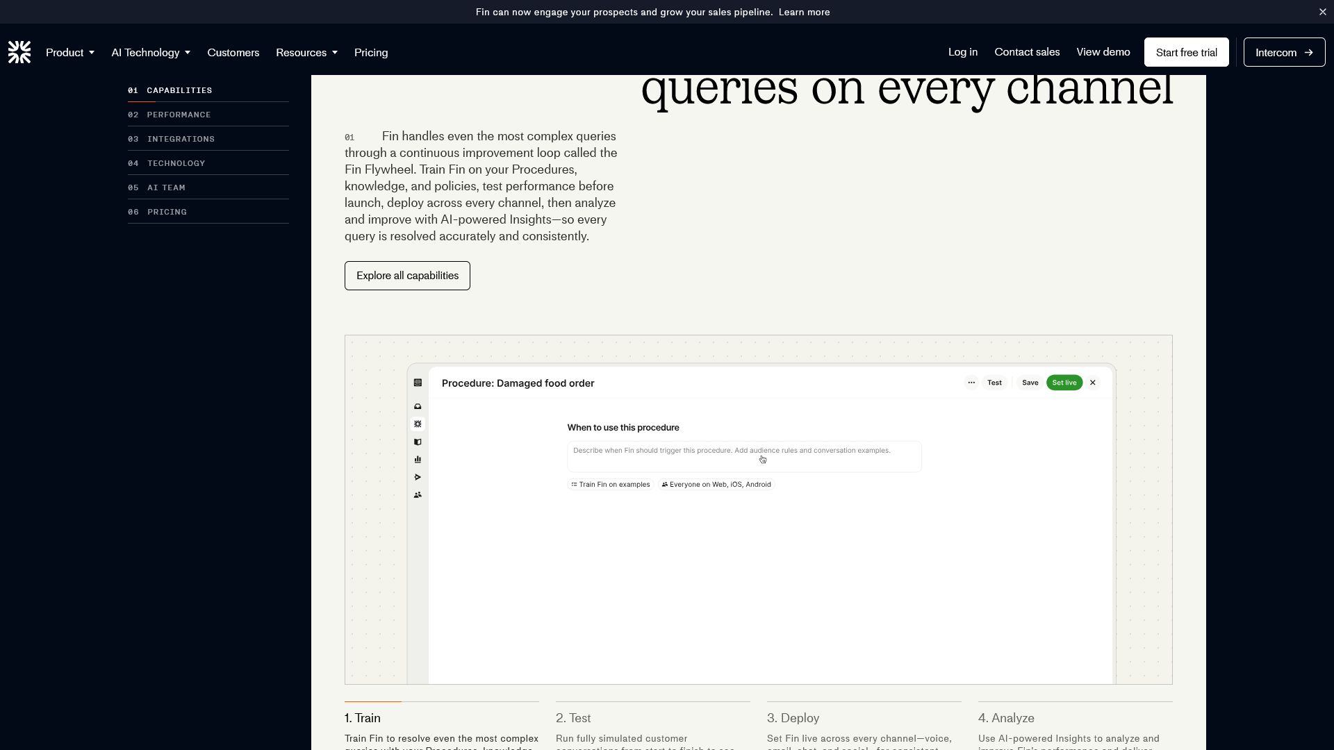 Intercom Fin AI Agent product page showing capabilities for chat, voice, and vision