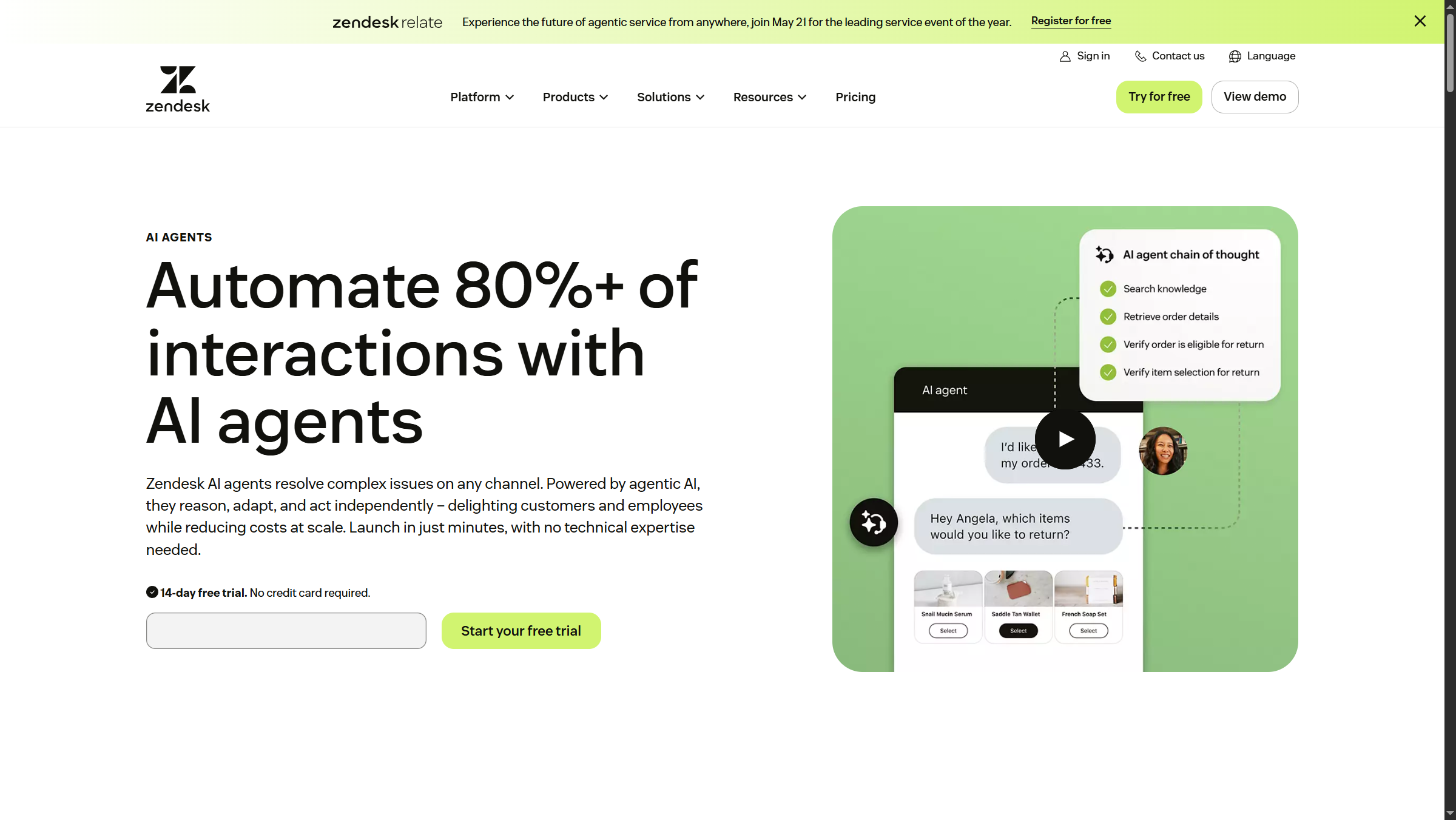 Zendesk AI Agents resolution-based pricing showcase