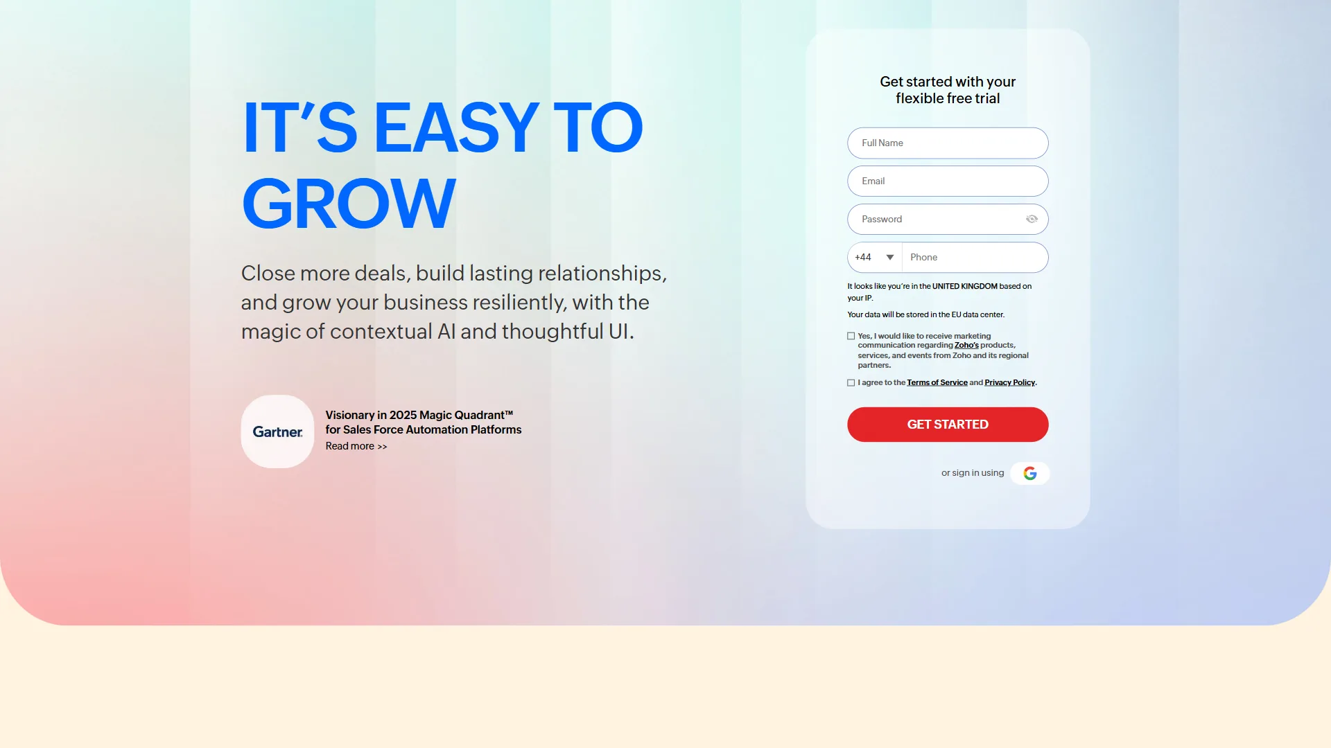 Zoho CRM signup page with free trial form, headline It's Easy to Grow, and Gartner Visionary badge