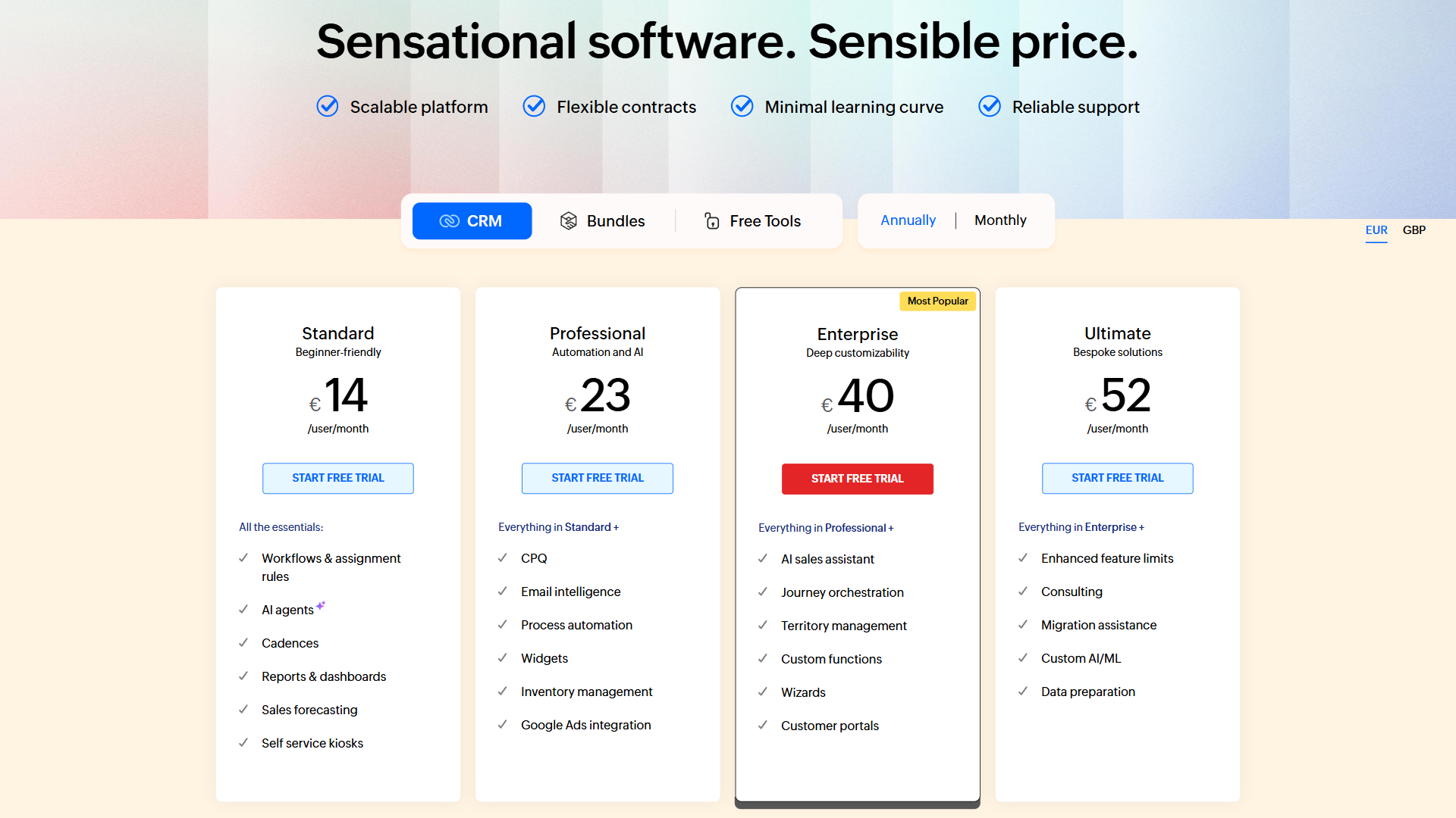 Zoho CRM pricing page showing the Free Edition alongside Standard Professional Enterprise and Ultimate tiers