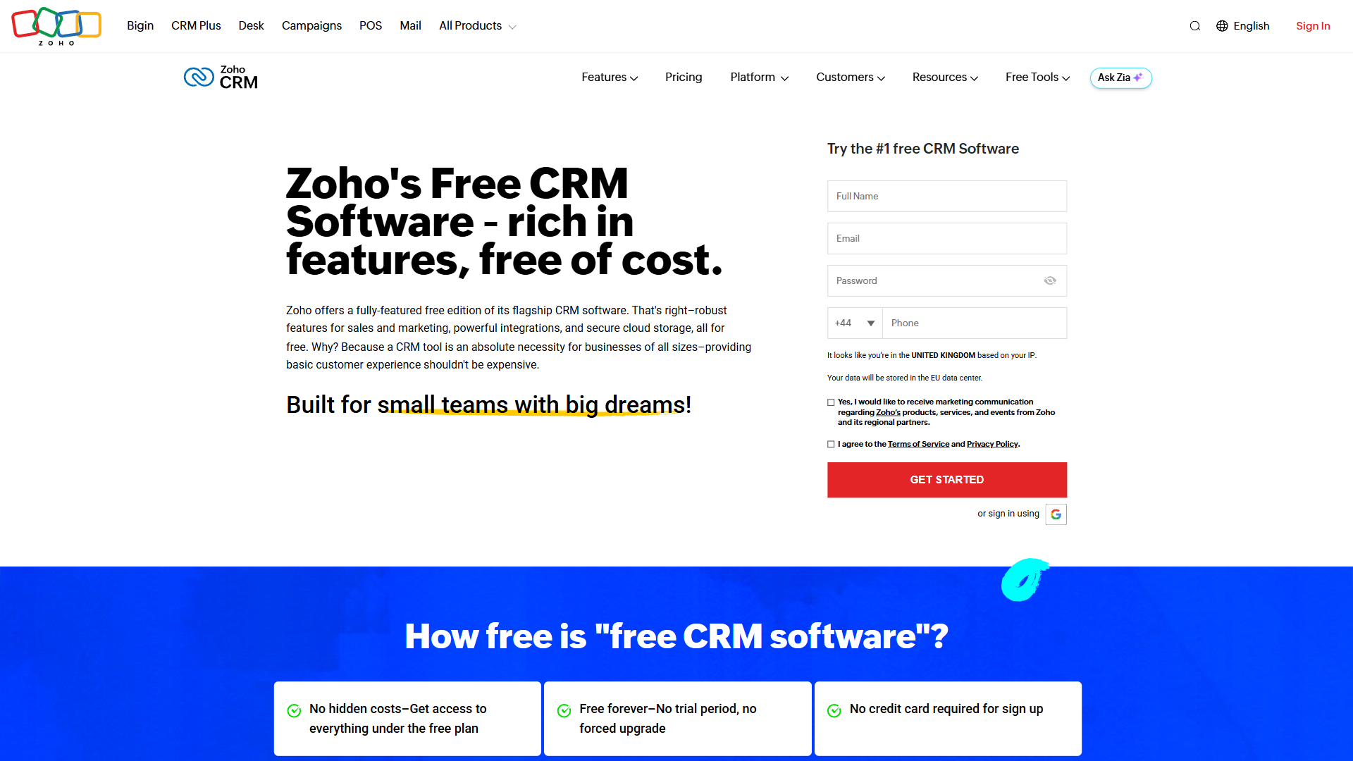 Zoho CRM free CRM landing page describing the 3-user free forever plan