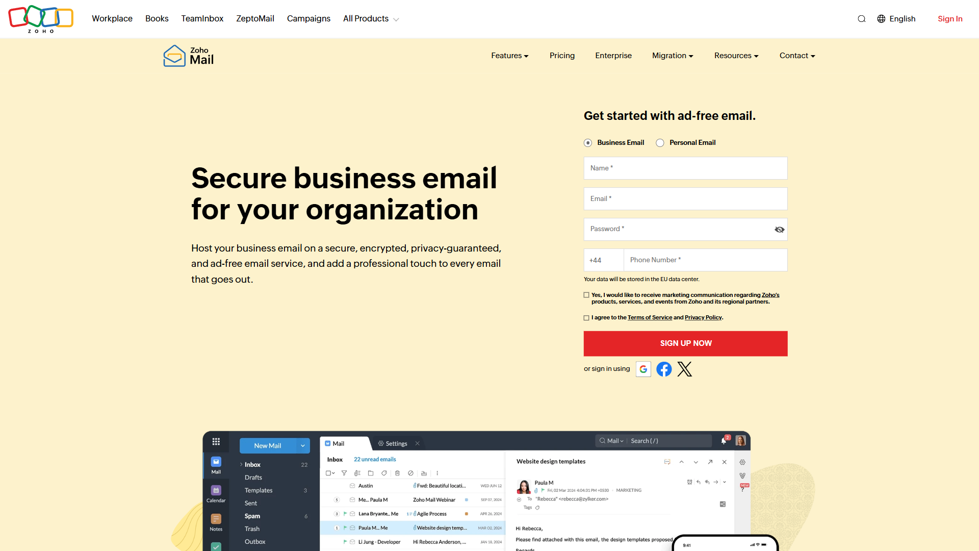 Zoho Mail homepage showing the forever-free business email plan with custom domain