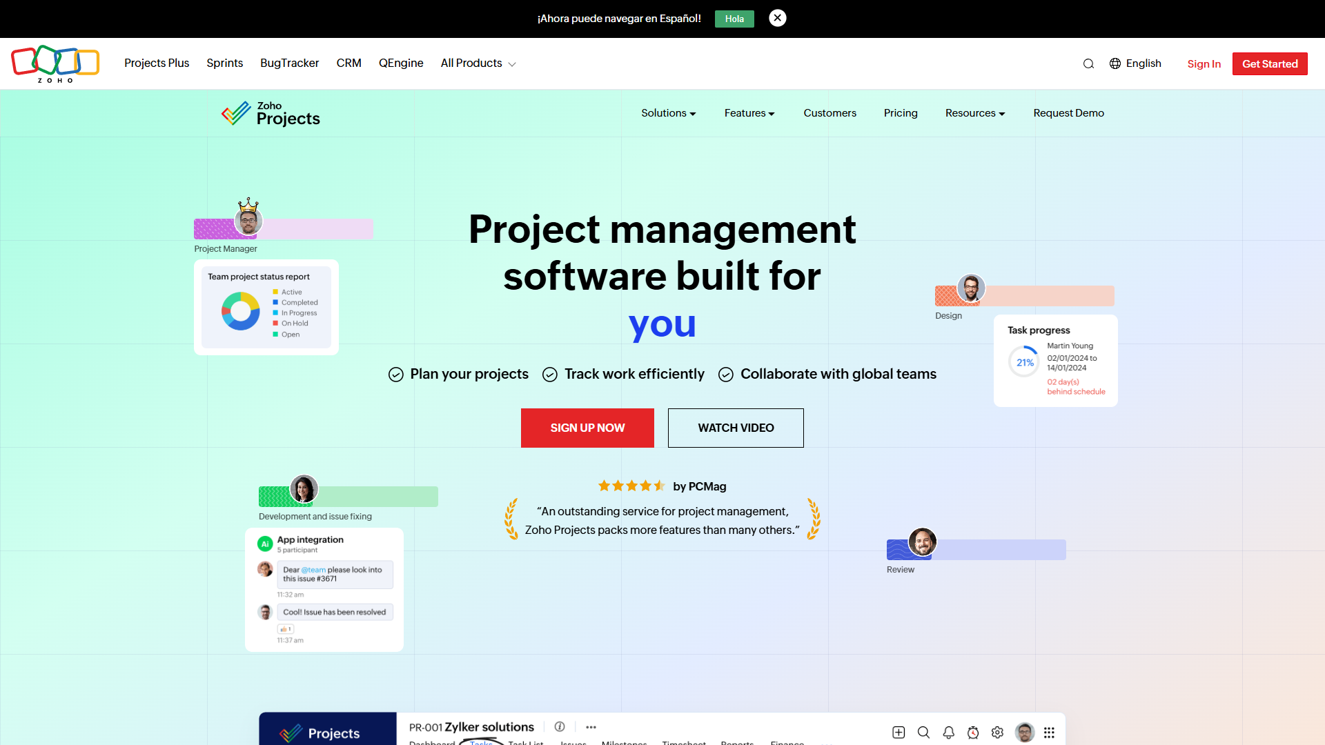 Zoho Projects main interface with Zia AI integration