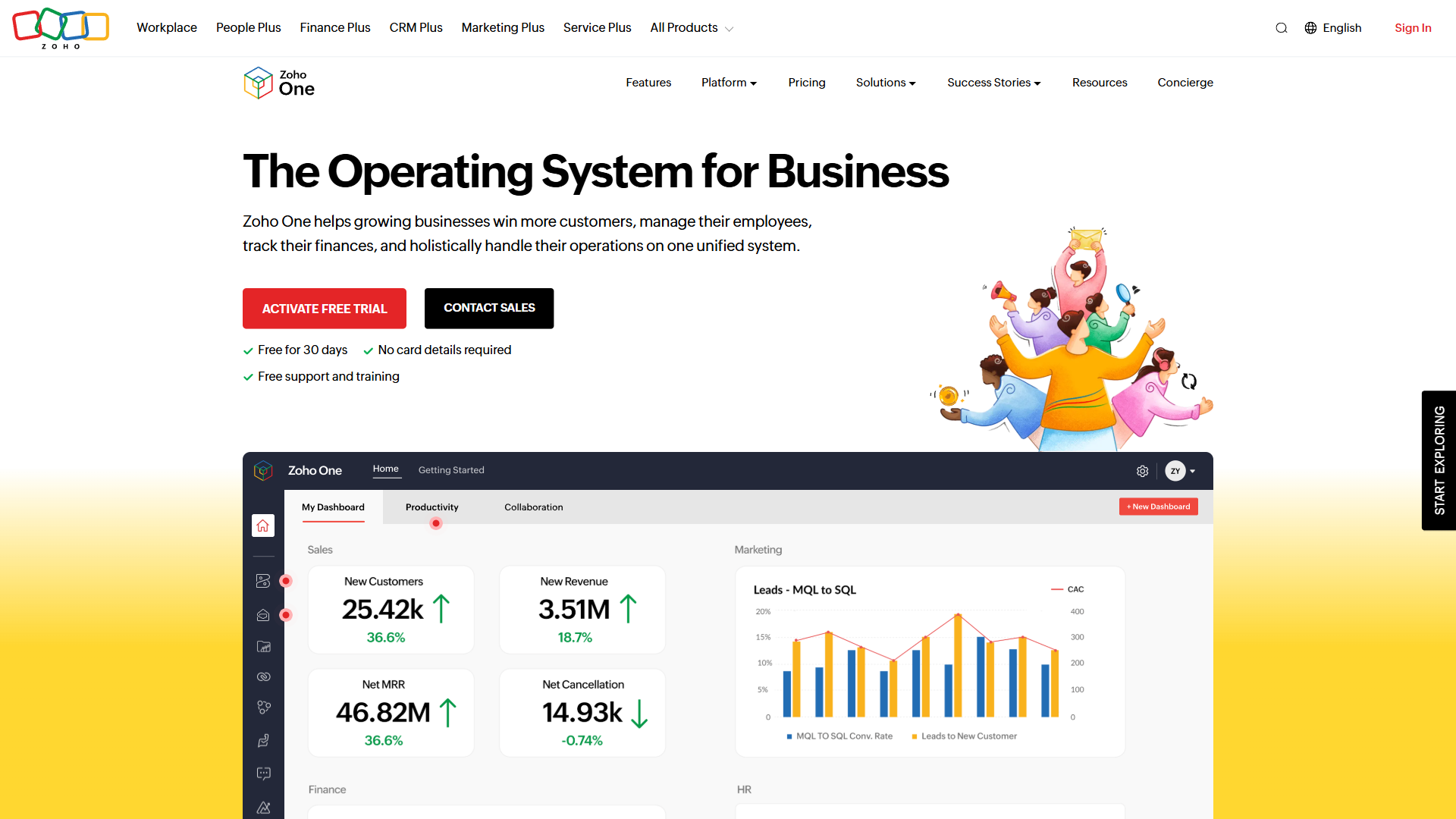 Zoho One landing page showing the operating system for business with 45 plus integrated apps