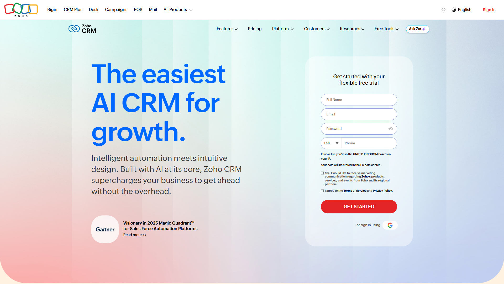 Zoho CRM homepage showing the AI powered CRM with free plan for 3 users