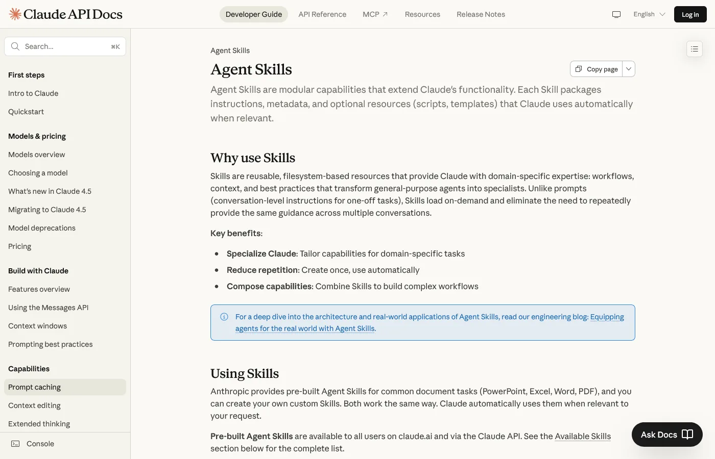 Claude Agent Skills documentation showing modular capabilities for extending Claude
