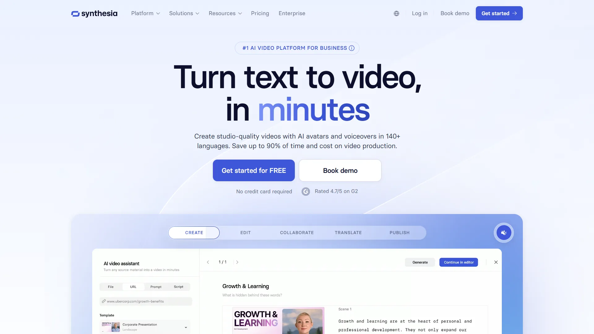 Synthesia homepage showing AI video generation interface